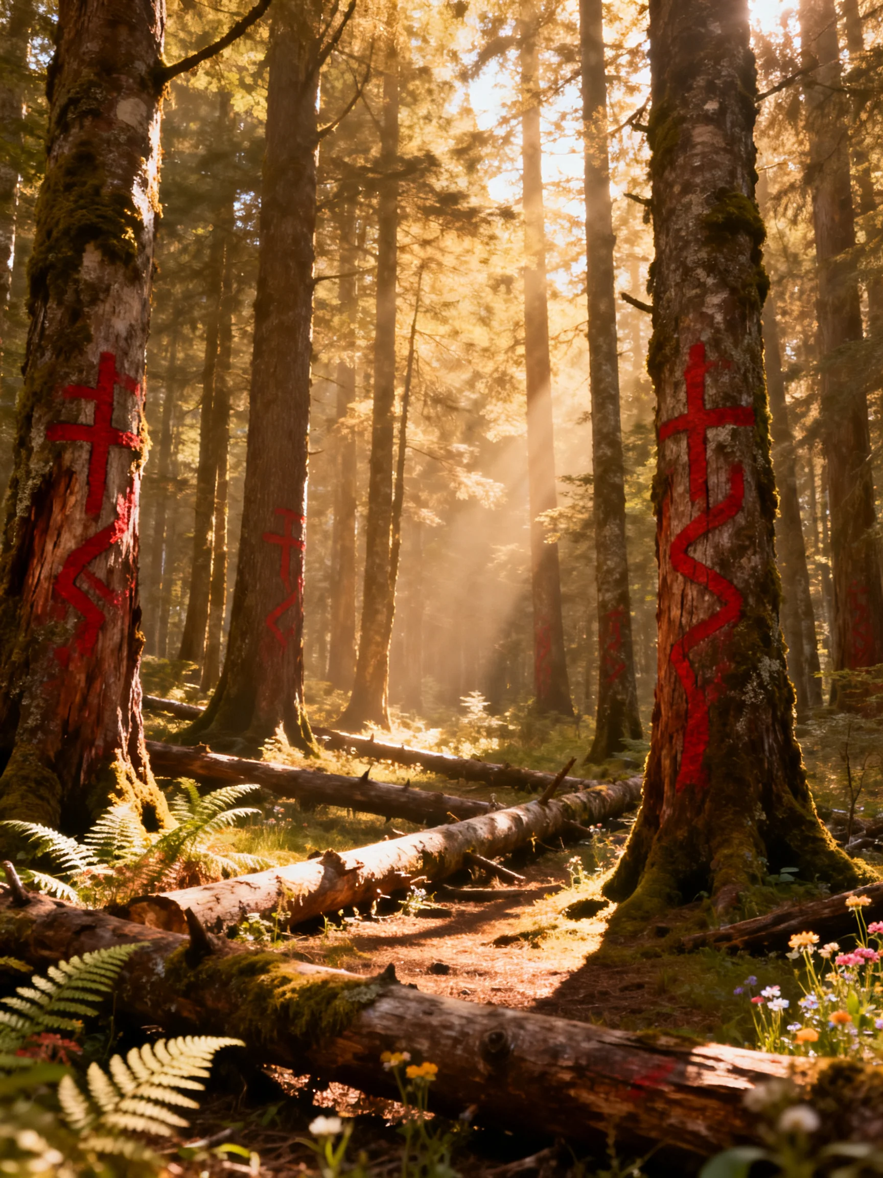 A sun-dappled forest with tall trees marked by bold red symbols