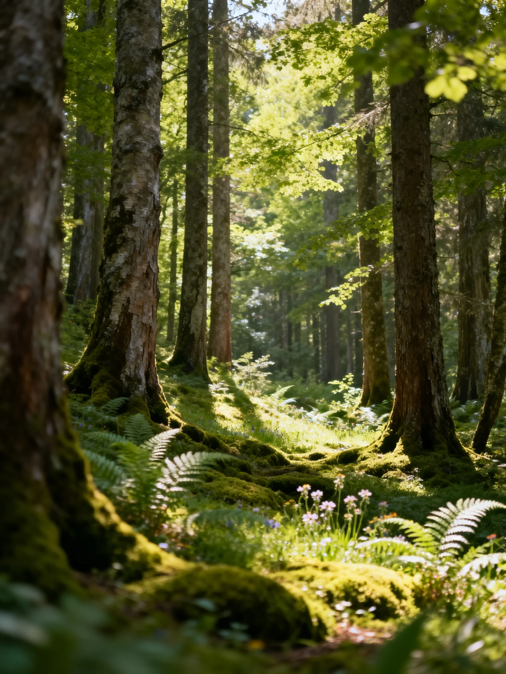 A sun-dappled forest with tall trees, moss-covered trunks, and ferns