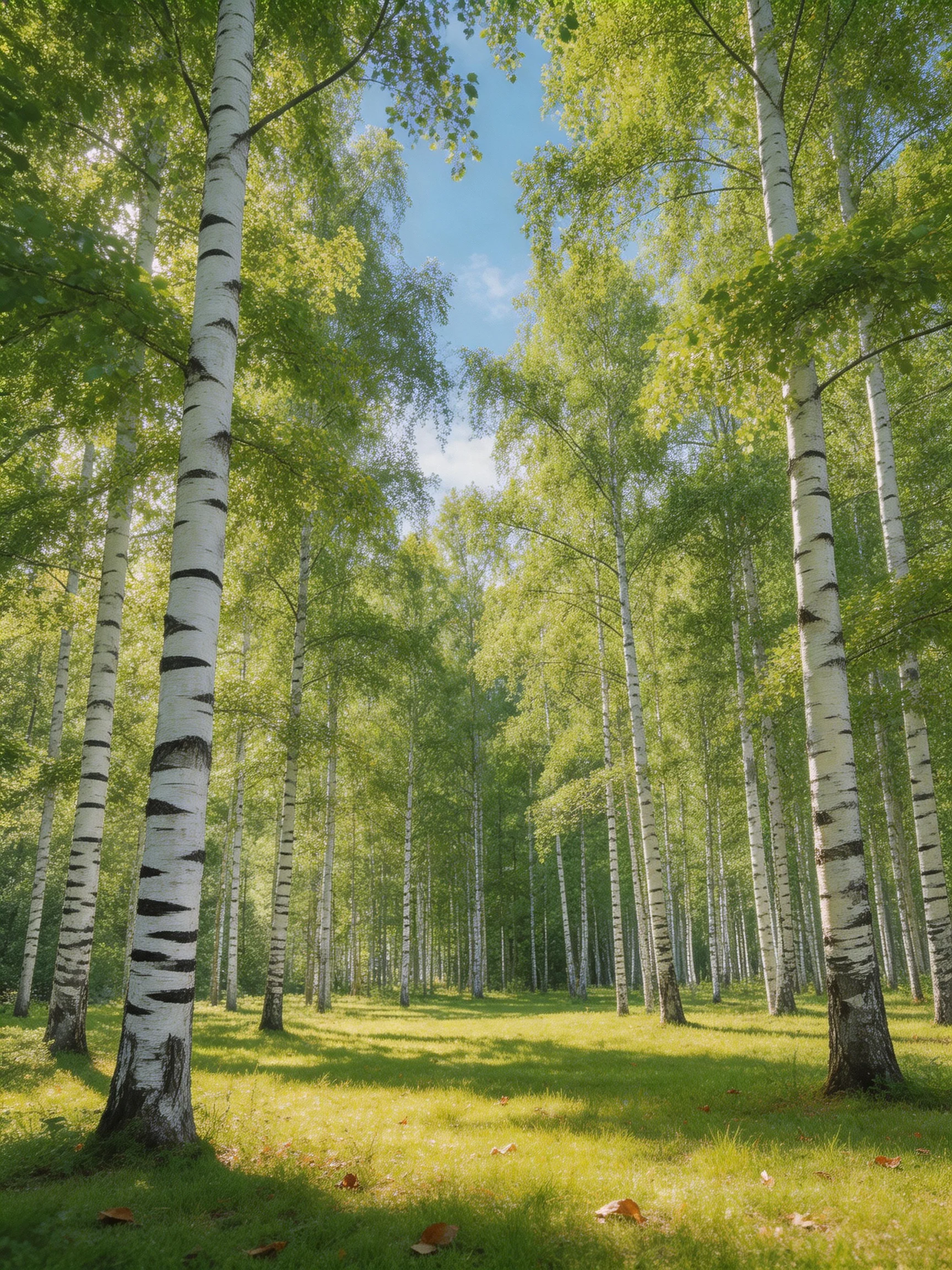 A sun-dappled forest with tall white-barked birches and lush greenery