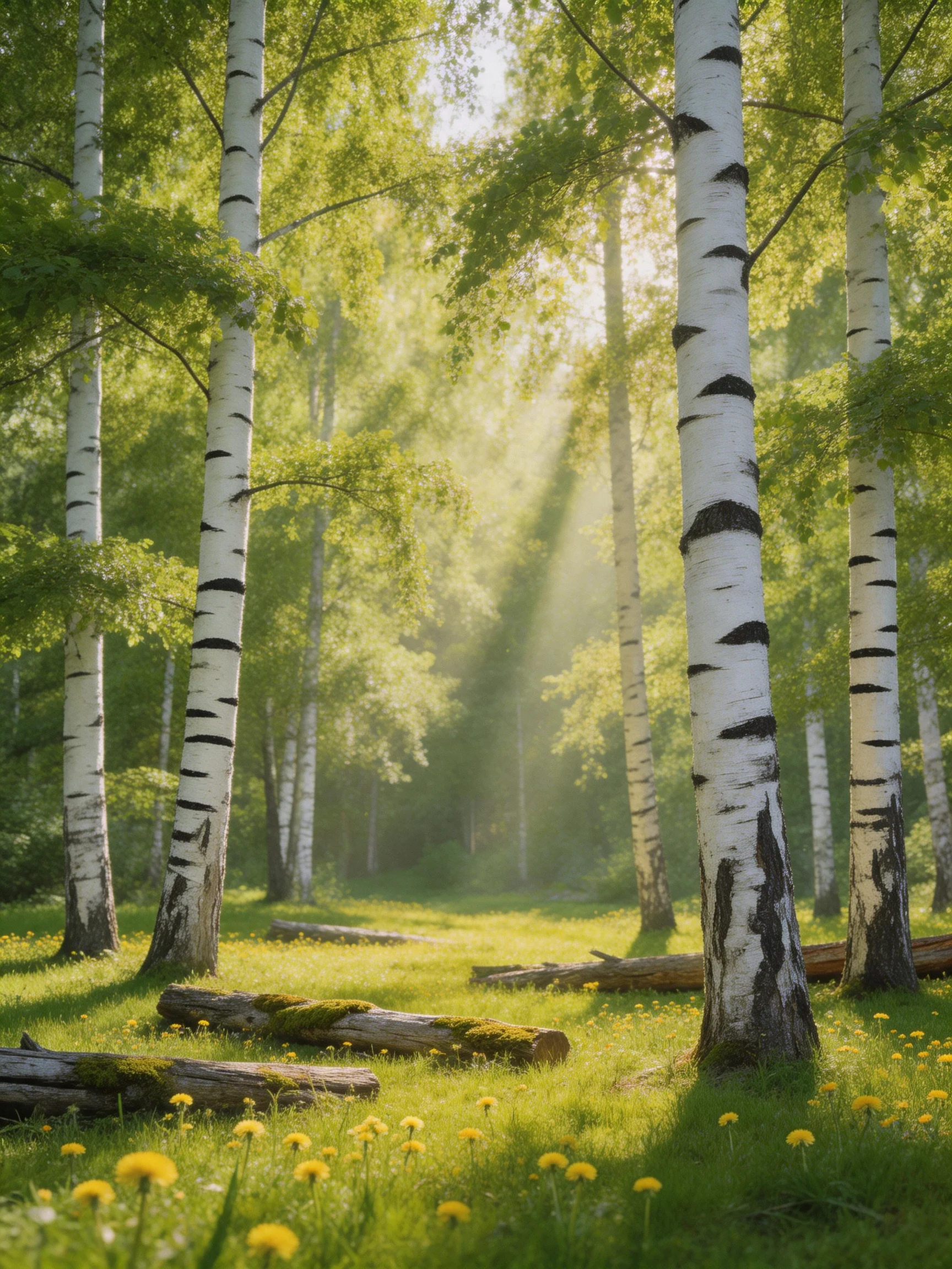 A sun-dappled forest with white birch trees and yellow wildflowers
