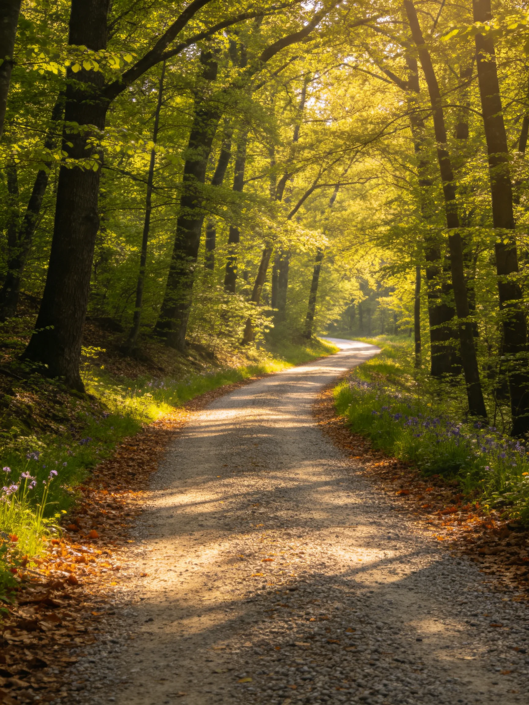 A sun-dappled gravel path winding through lush green woods