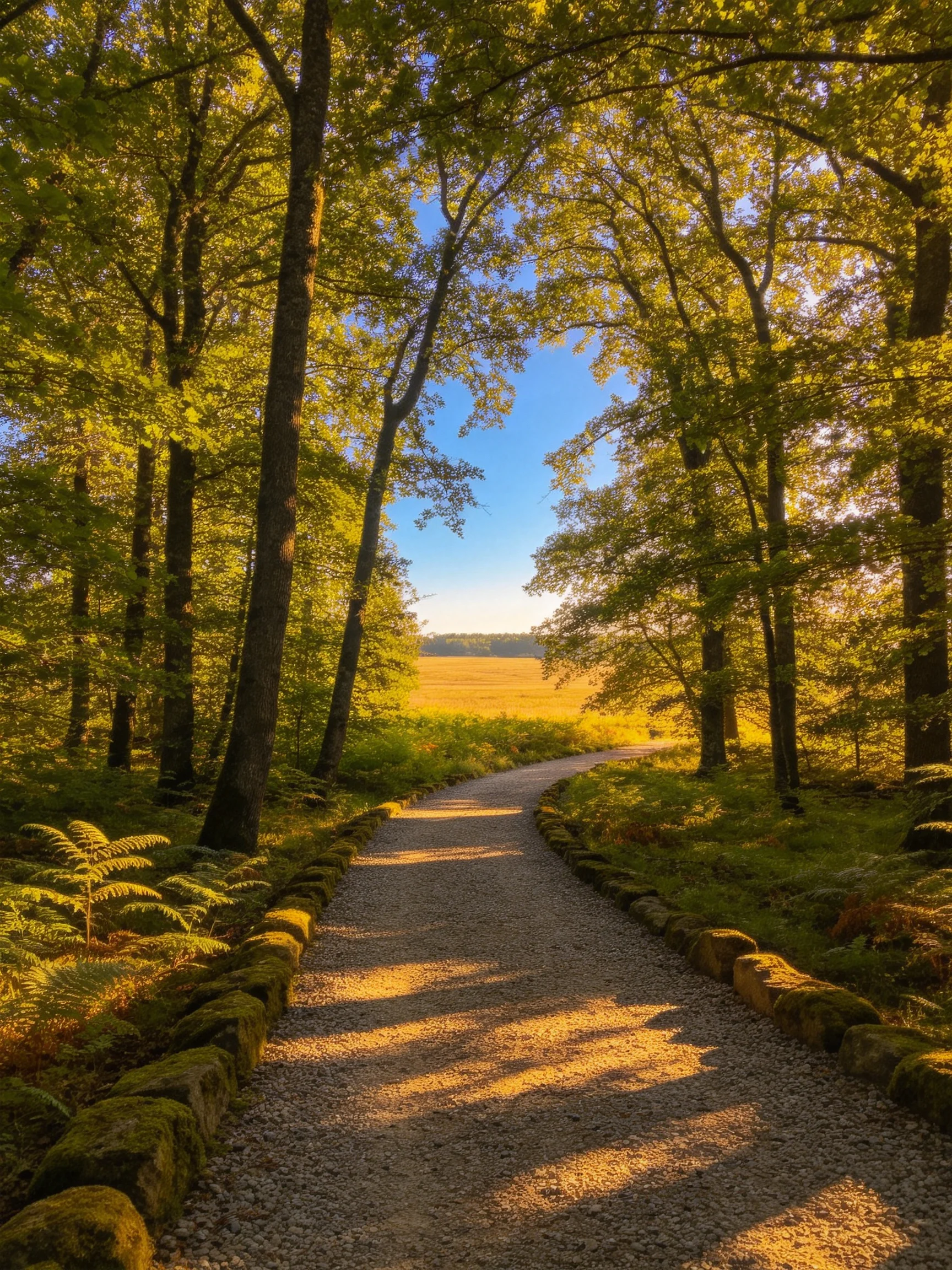 A sun-dappled gravel path winds through lush green trees toward an open golden field