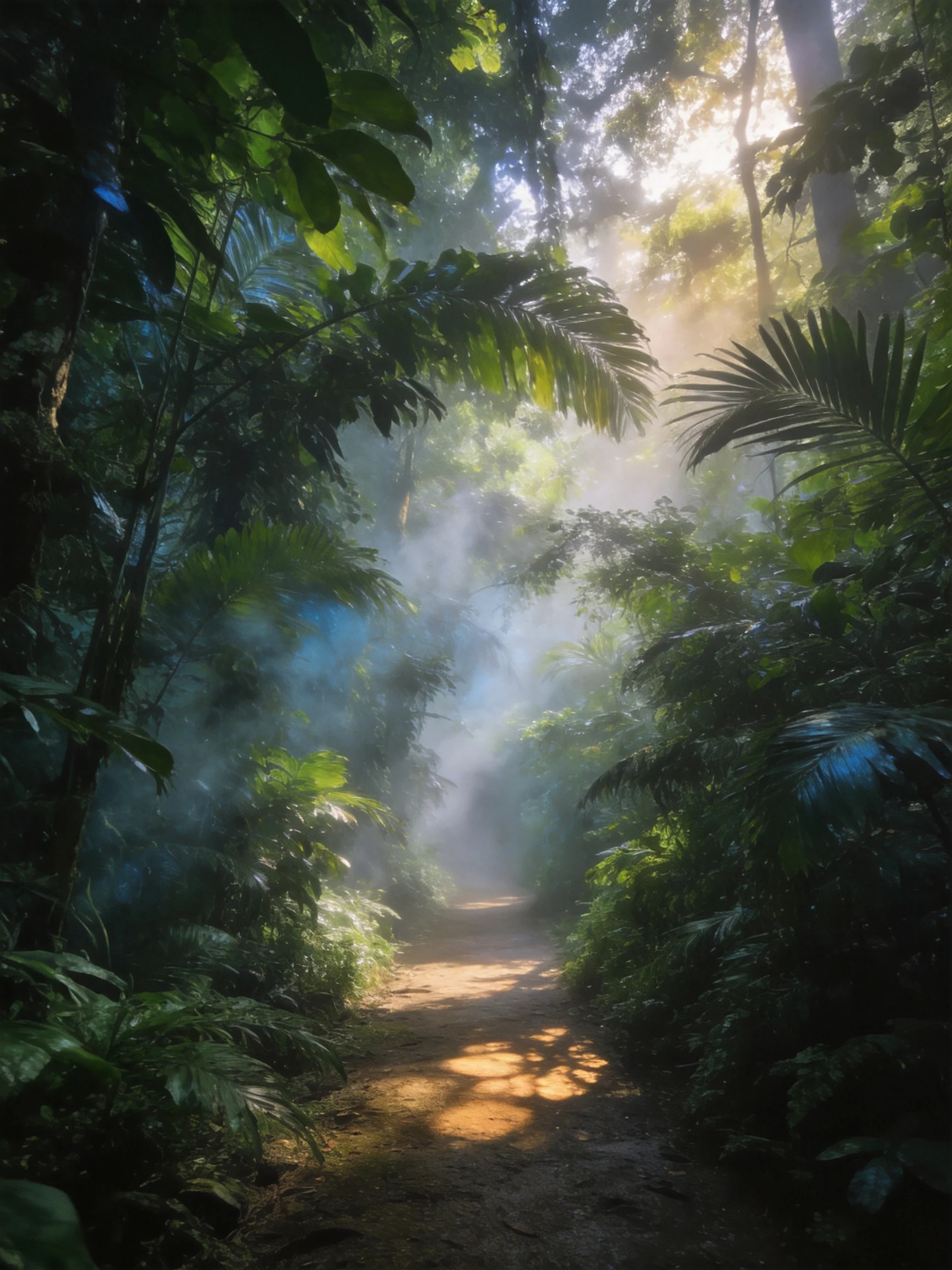 A sun-dappled jungle path with dense green foliage and morning mist