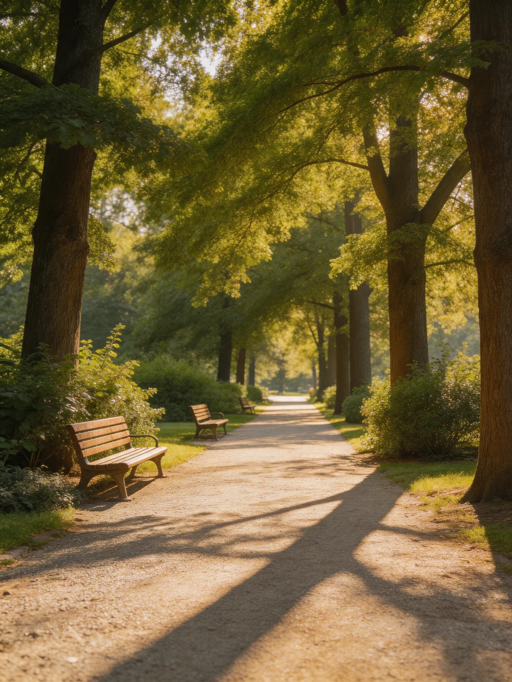 A sun-dappled park path with wooden benches and tall green trees
