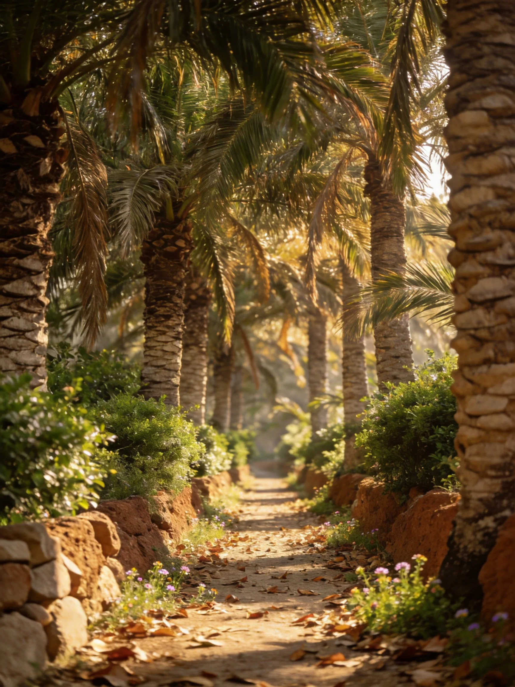 A sun-dappled path lined with tall palm trees and green shrubs