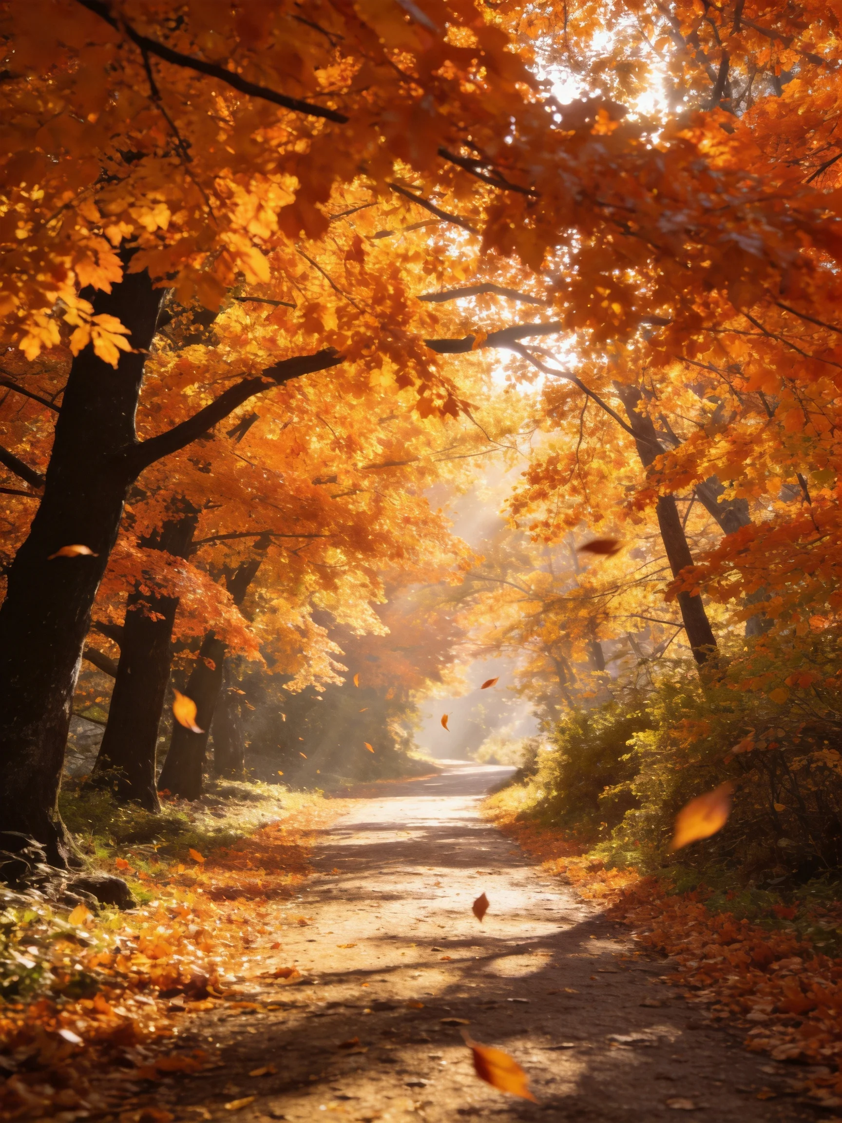A sun-dappled path winds through a forest of golden autumn trees