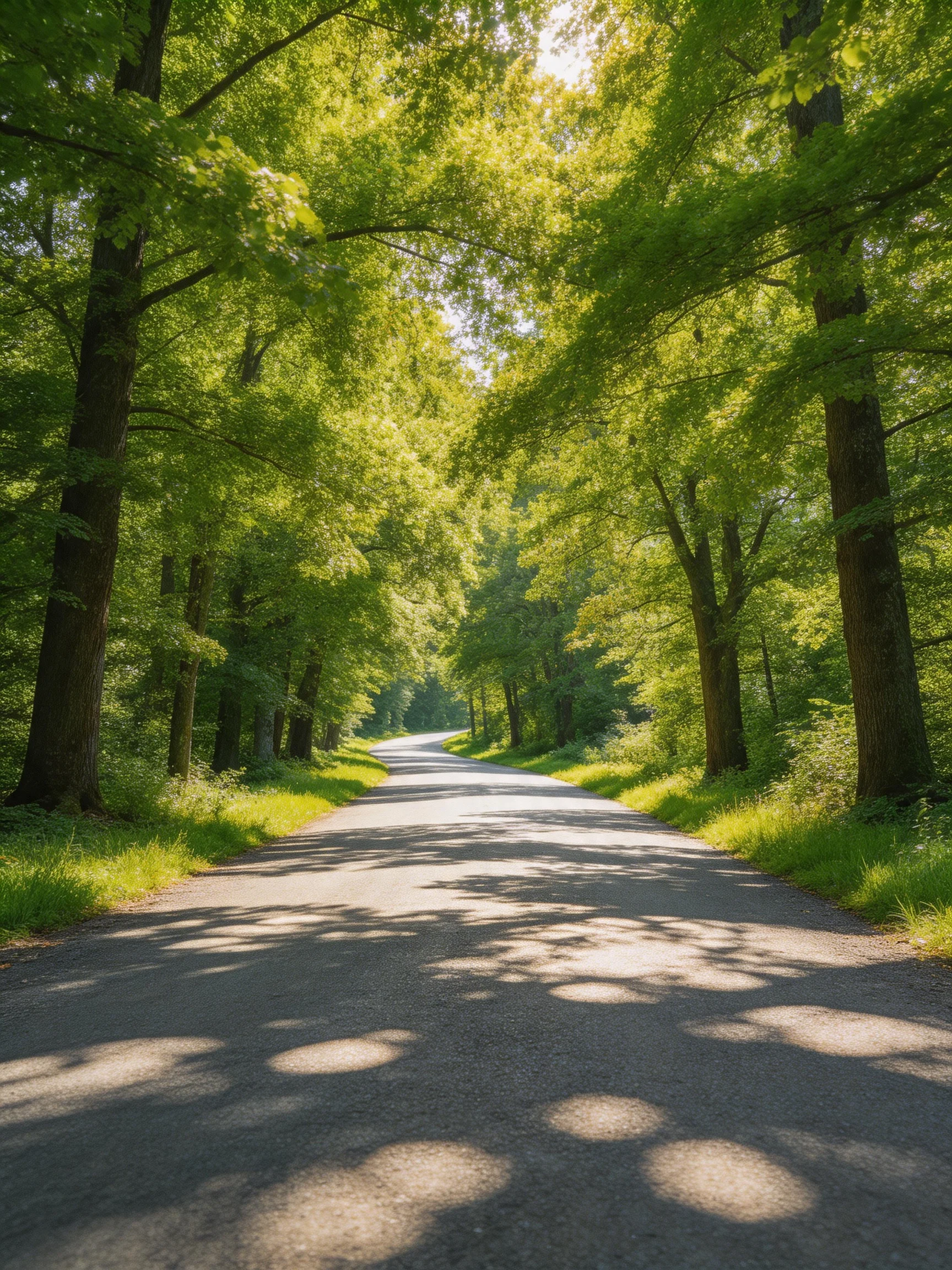 A sun-dappled paved road flanked by tall green trees