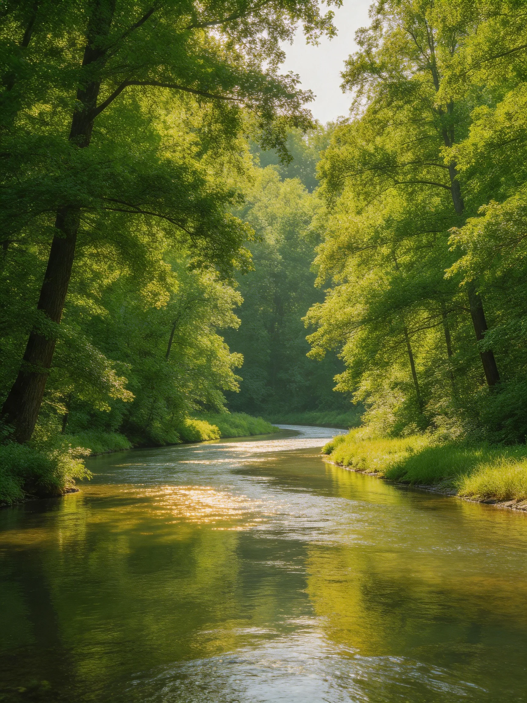 A sun-dappled river winds through dense emerald forests