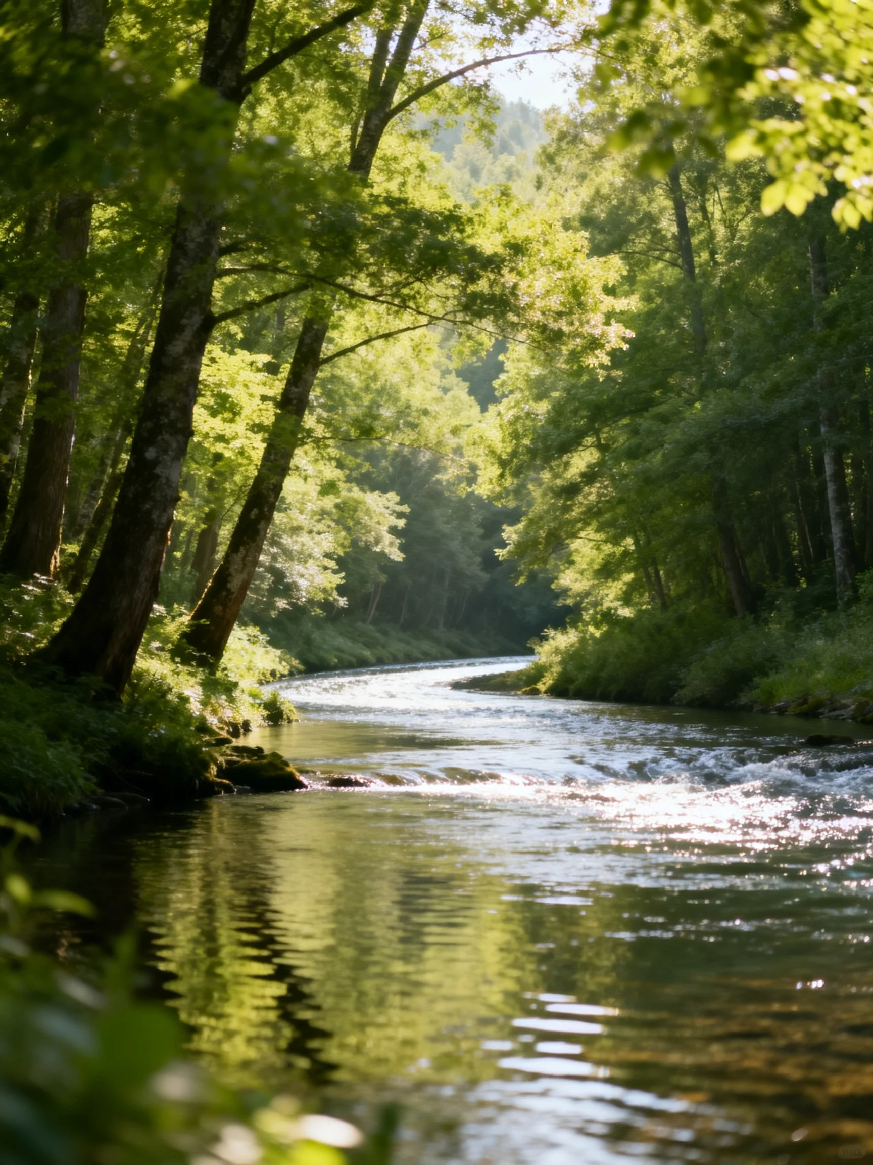 A sun-dappled river winds through dense emerald forests