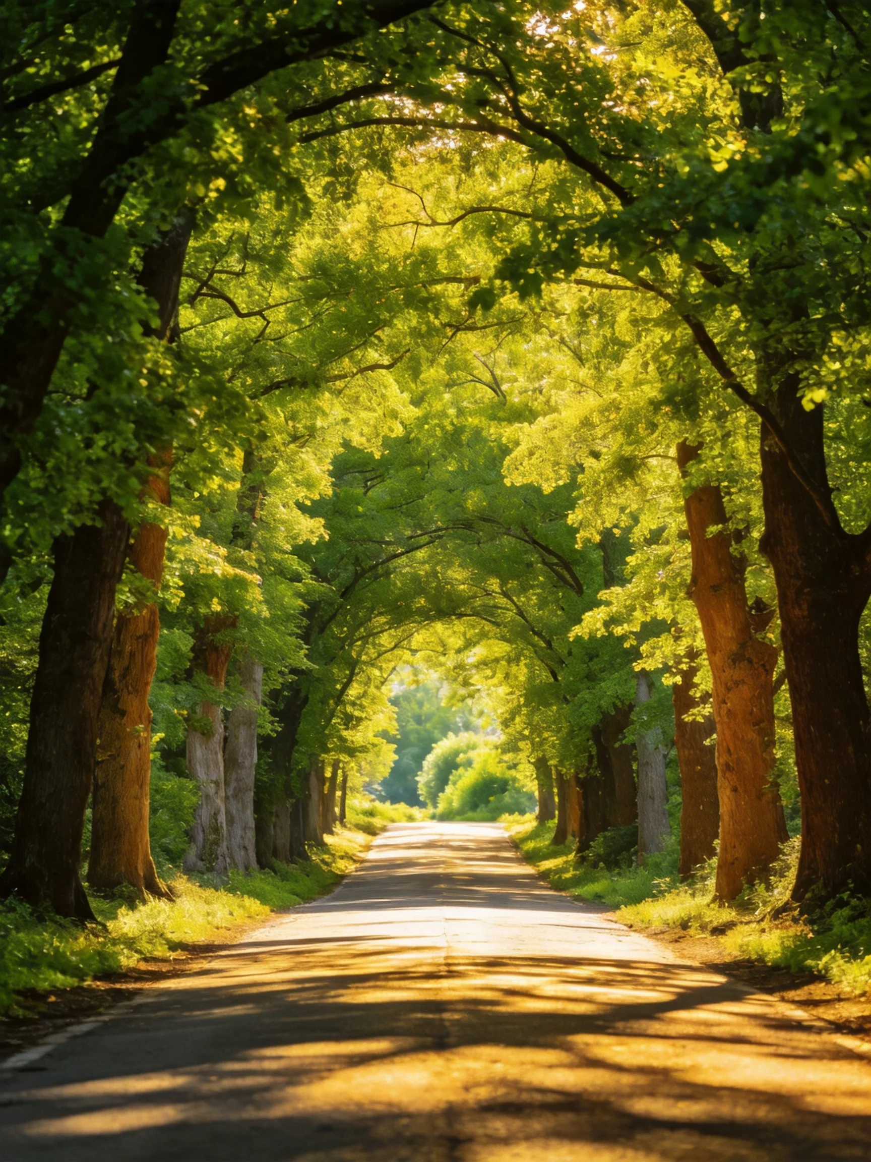 A sun-dappled road bordered by tall green tree canopies