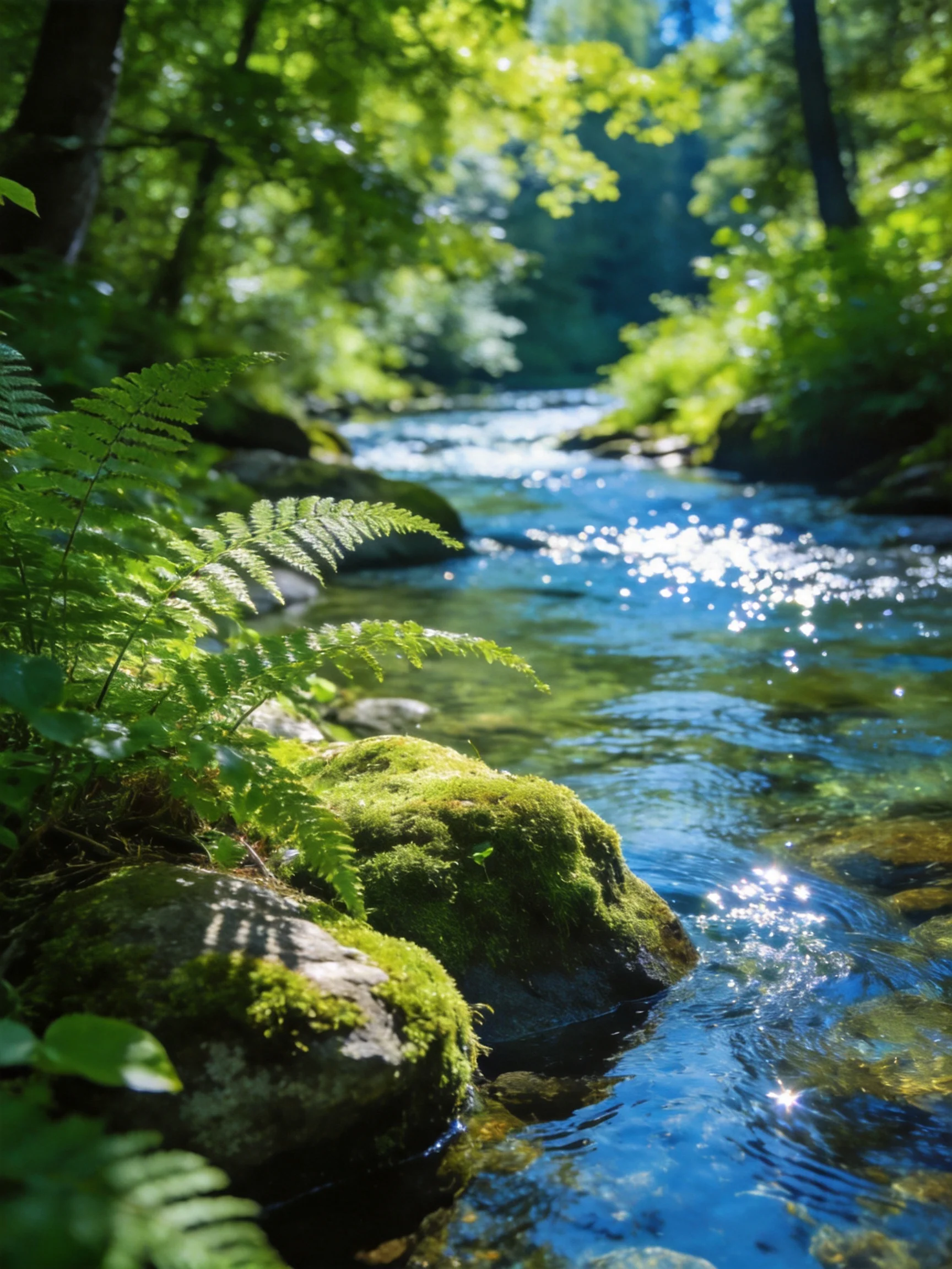 A sun-dappled stream flows past moss-covered rocks amid lush green ferns