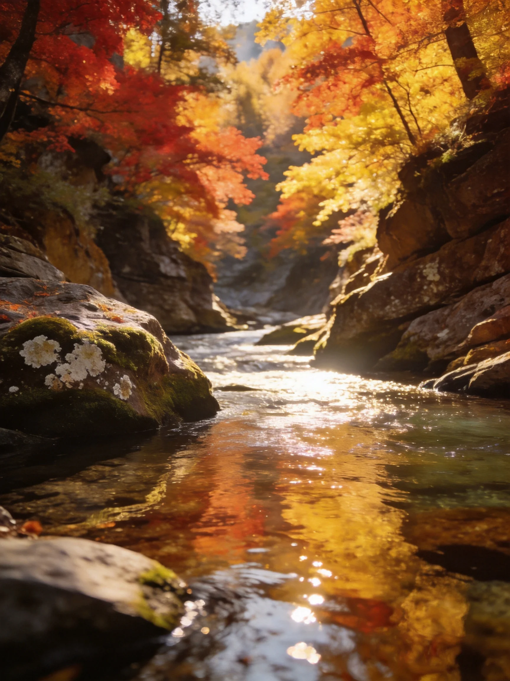 A sun-dappled stream winds through a rocky canyon with vibrant fall foliage