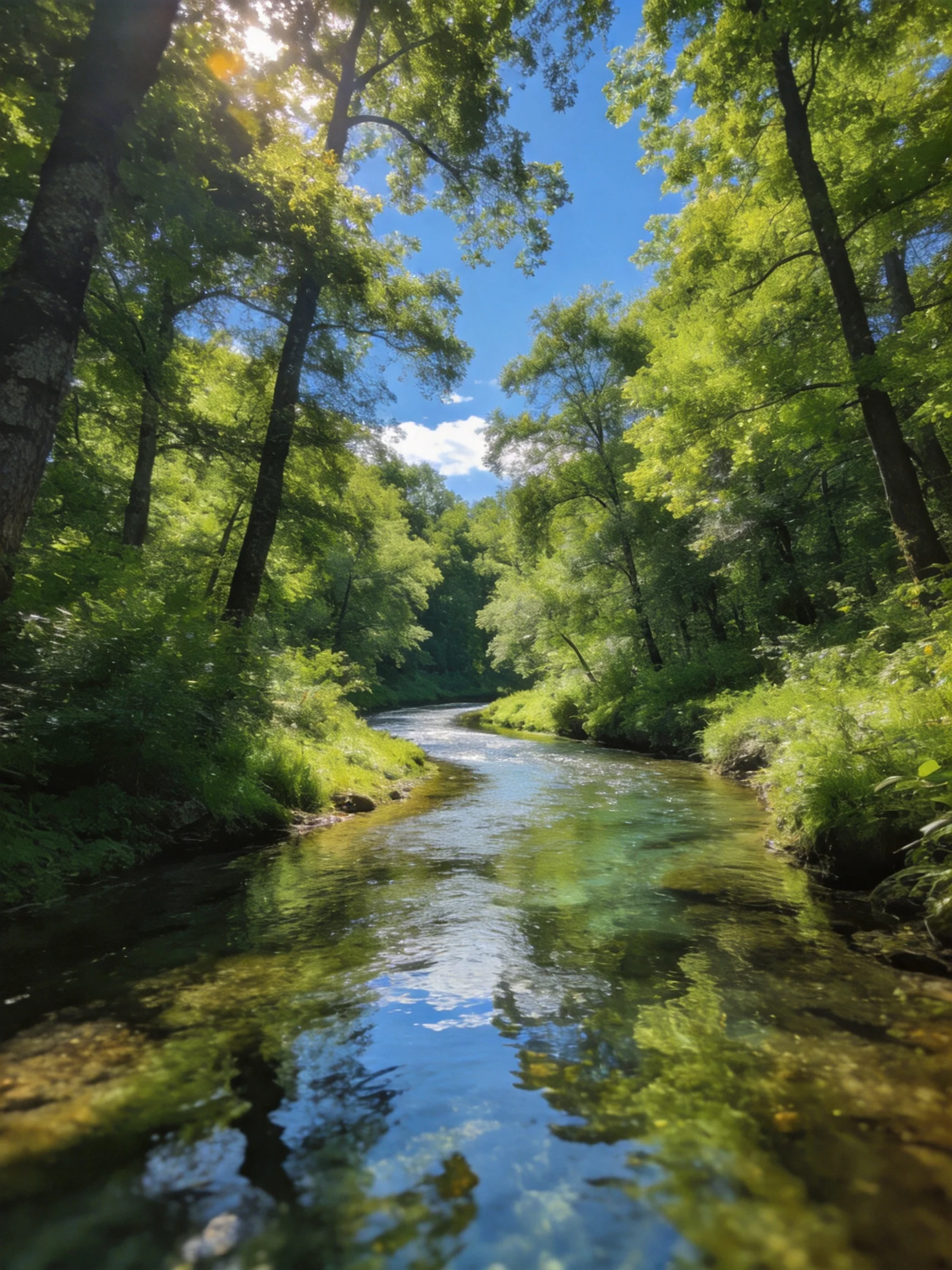 A sun-dappled stream winds through lush green forest