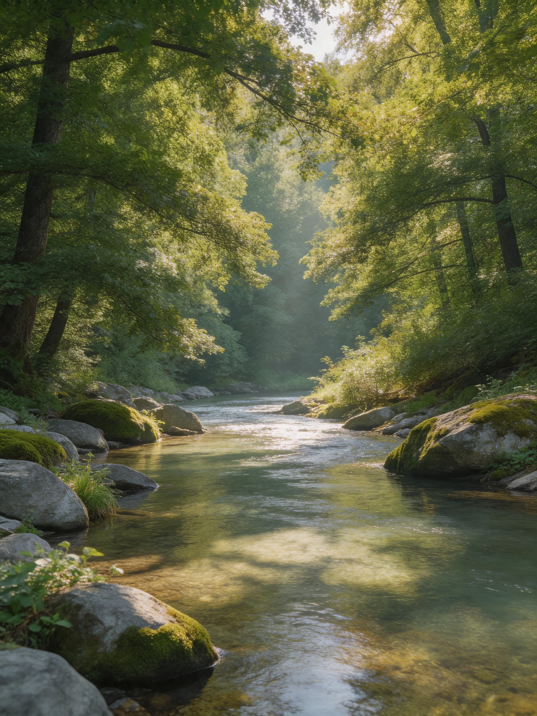 A sun-dappled stream winds through lush green forests with mossy rocks