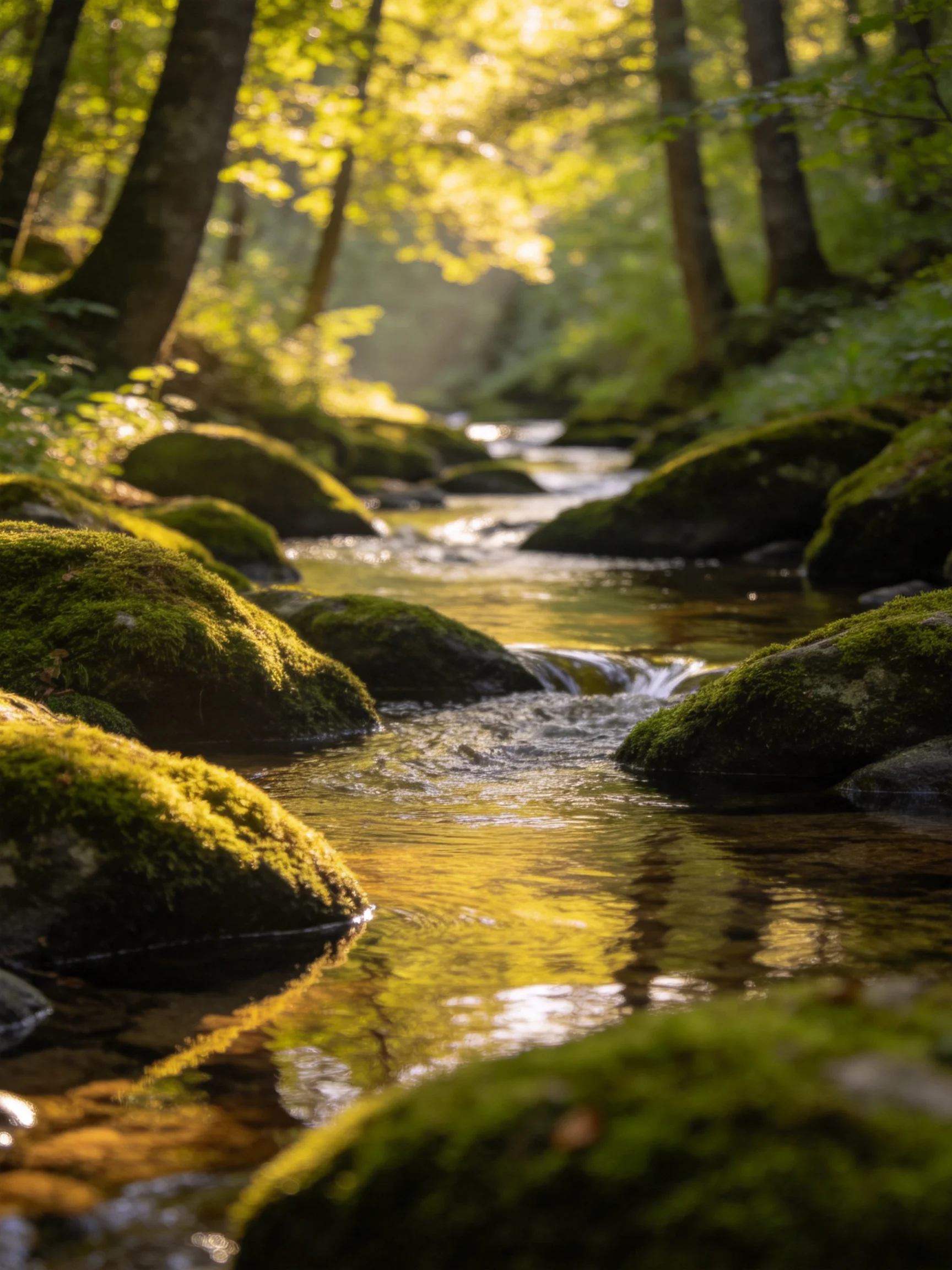 A sun-dappled stream winds through mossy rocks in a forested area