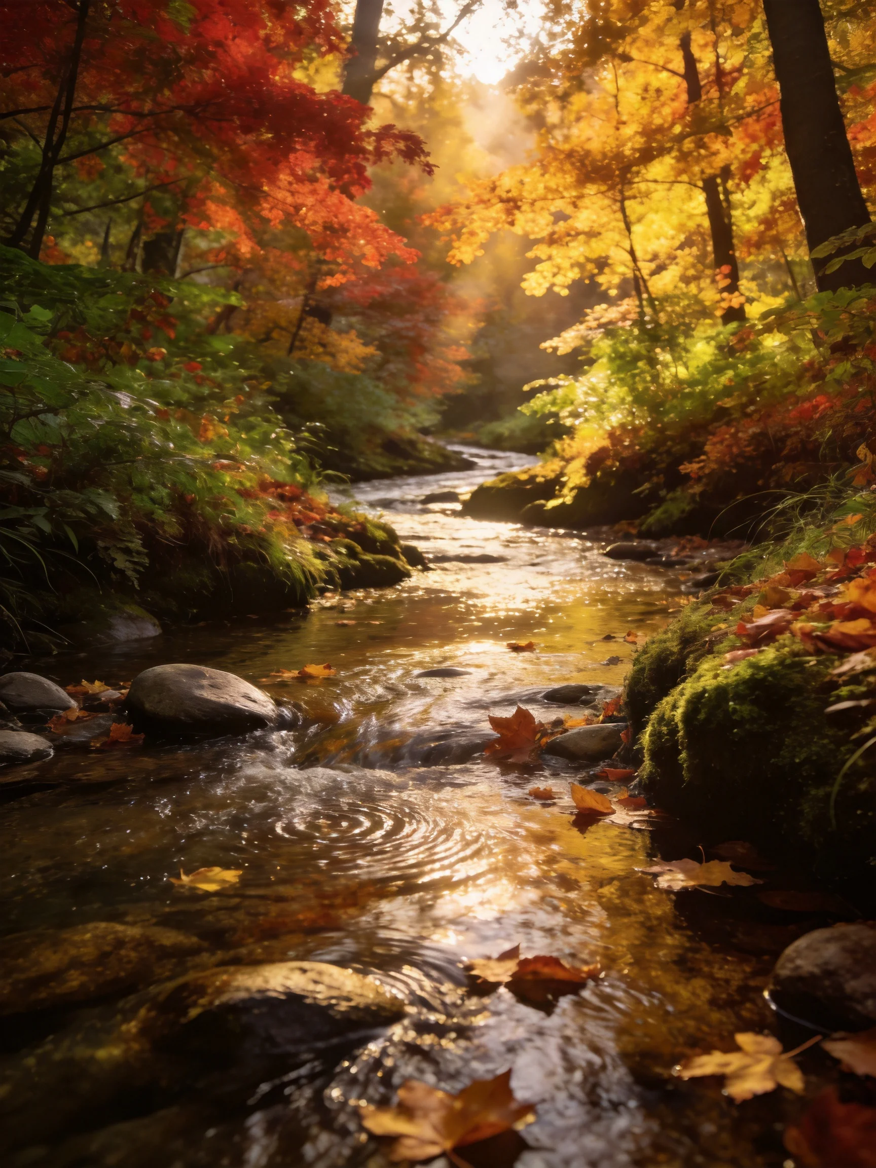 A sun-dappled stream winds through vibrant autumn forest