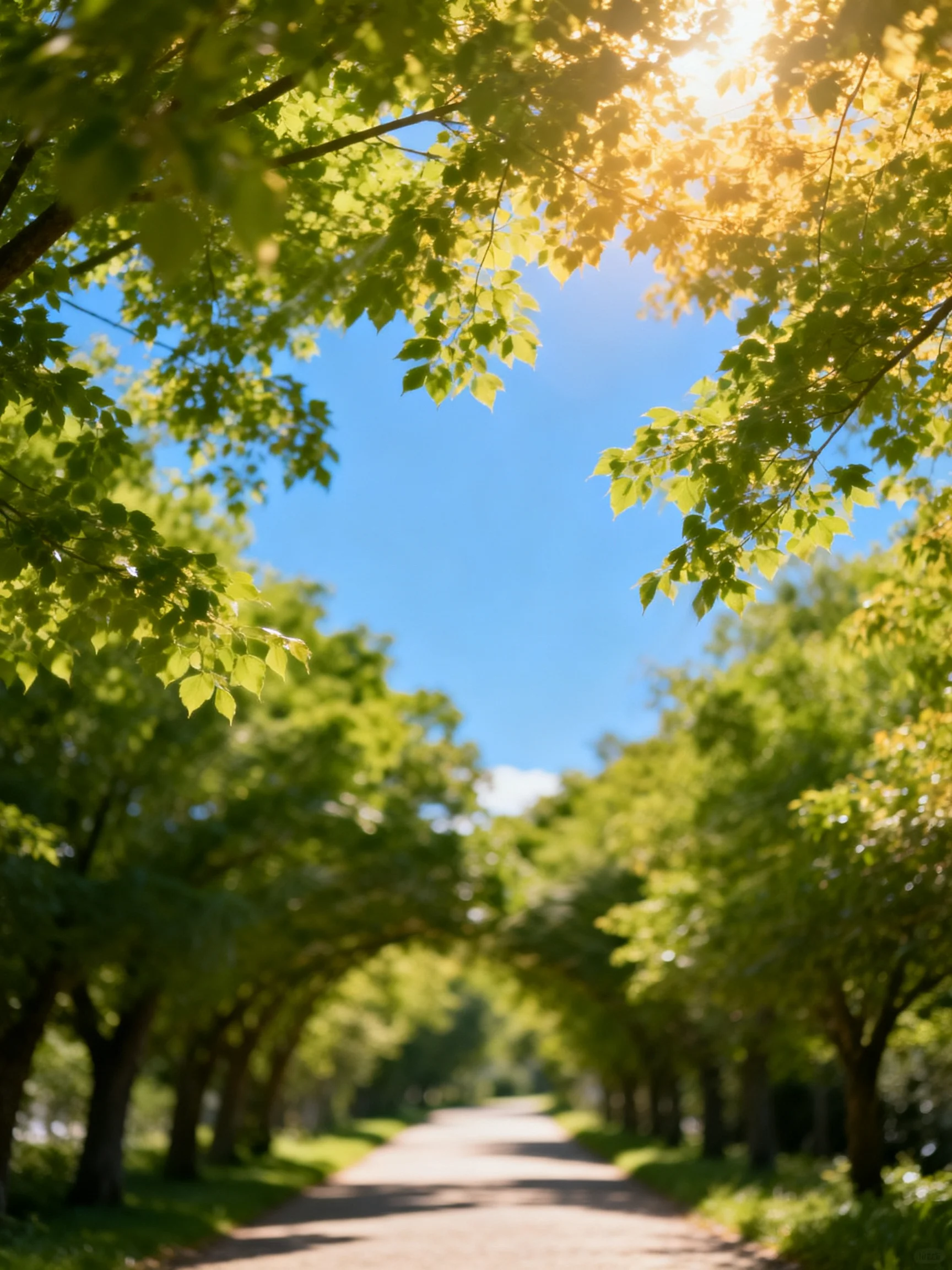 A sun-dappled tree-lined pathway with vibrant green foliage