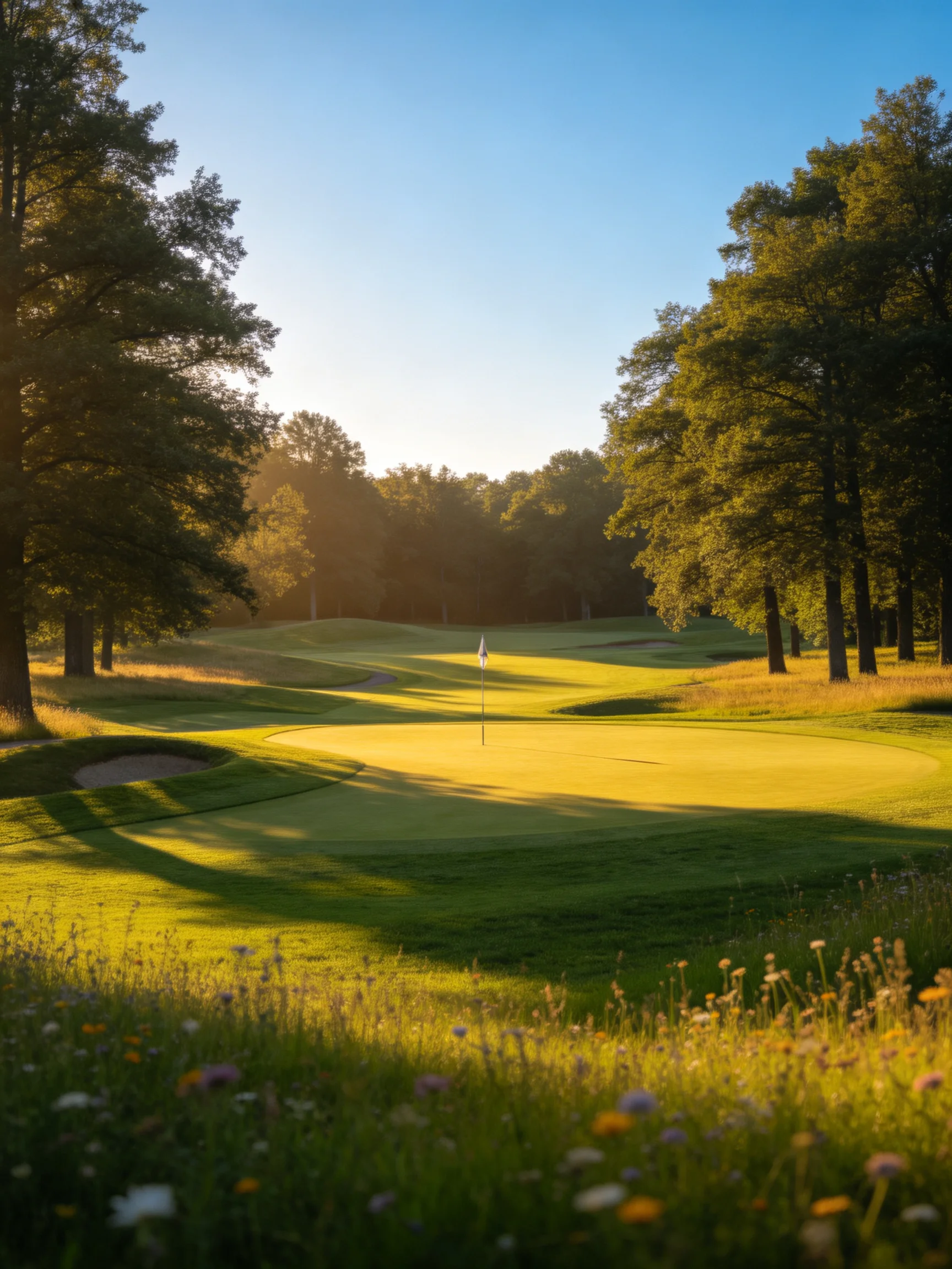 A sun-drenched golf course with lush green fairways and tall trees