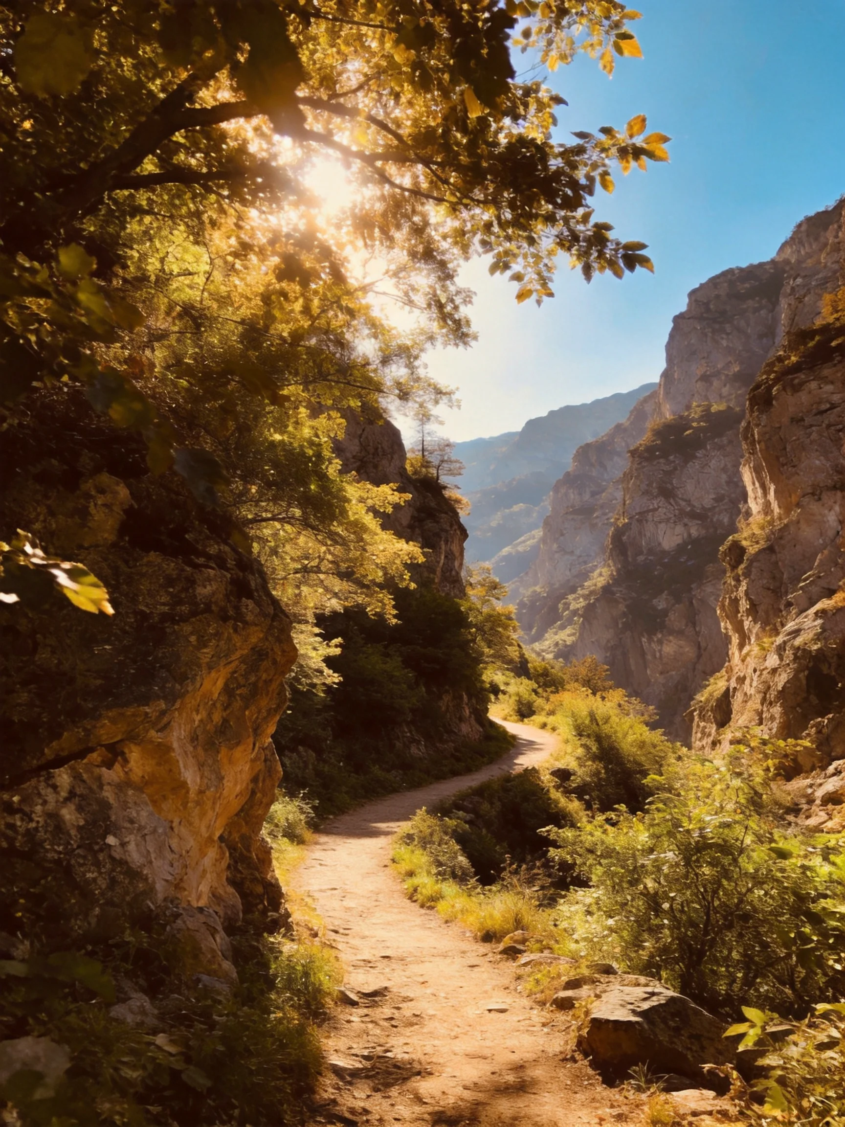 A sun-drenched mountain trail winding between rocky cliffs and lush foliage