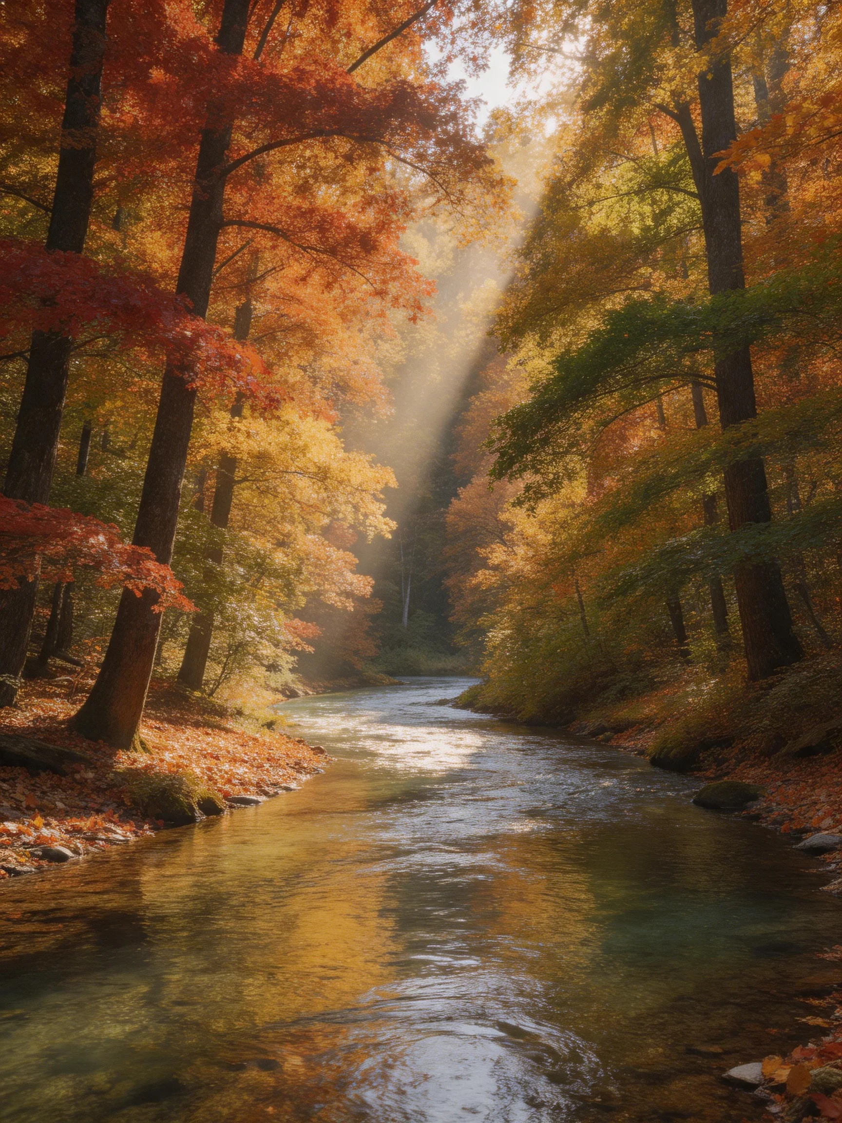 A sunbeam-dappled stream winds through vibrant autumn forest