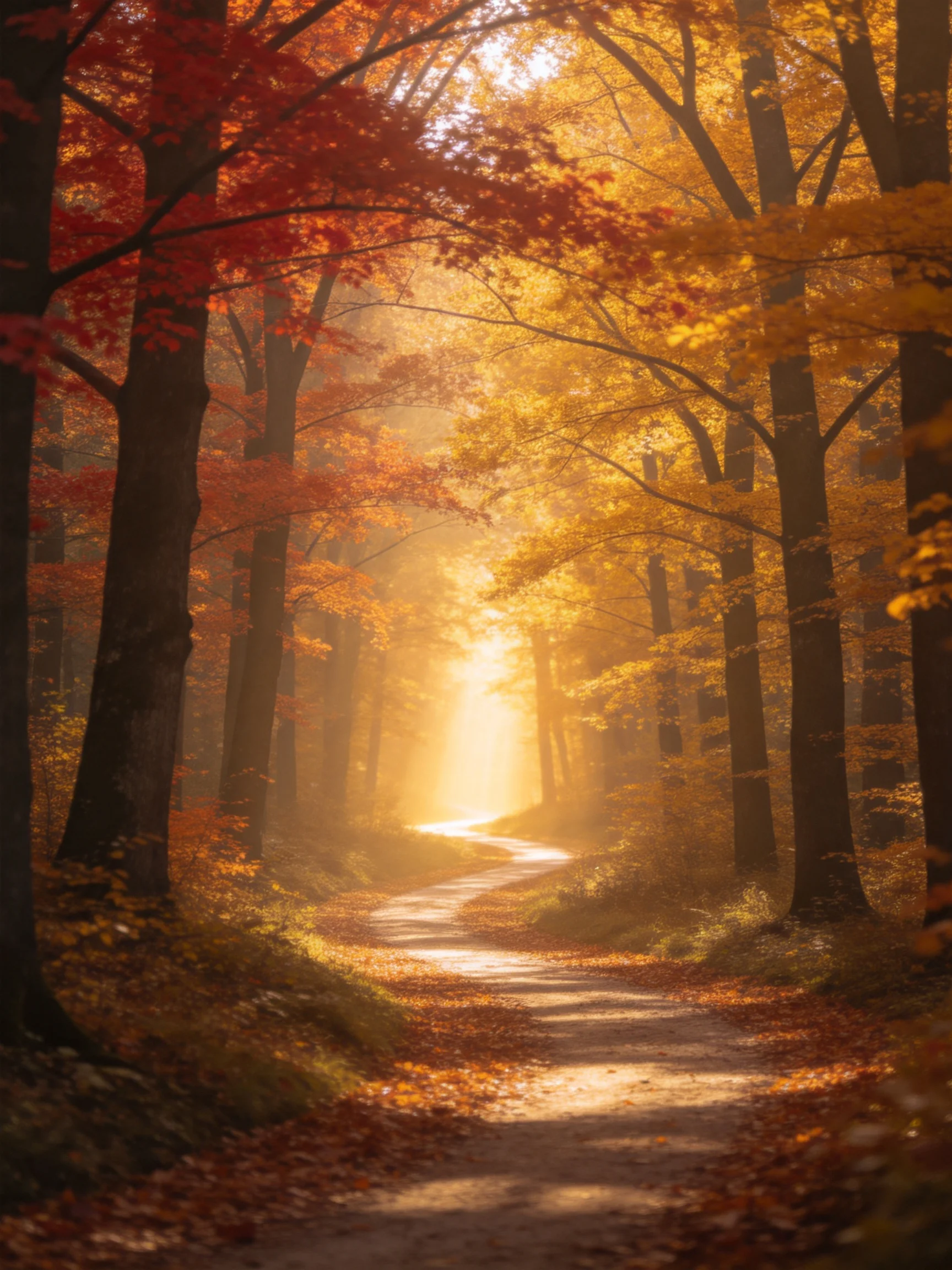 A sunlit autumn forest path lined with red and golden foliage
