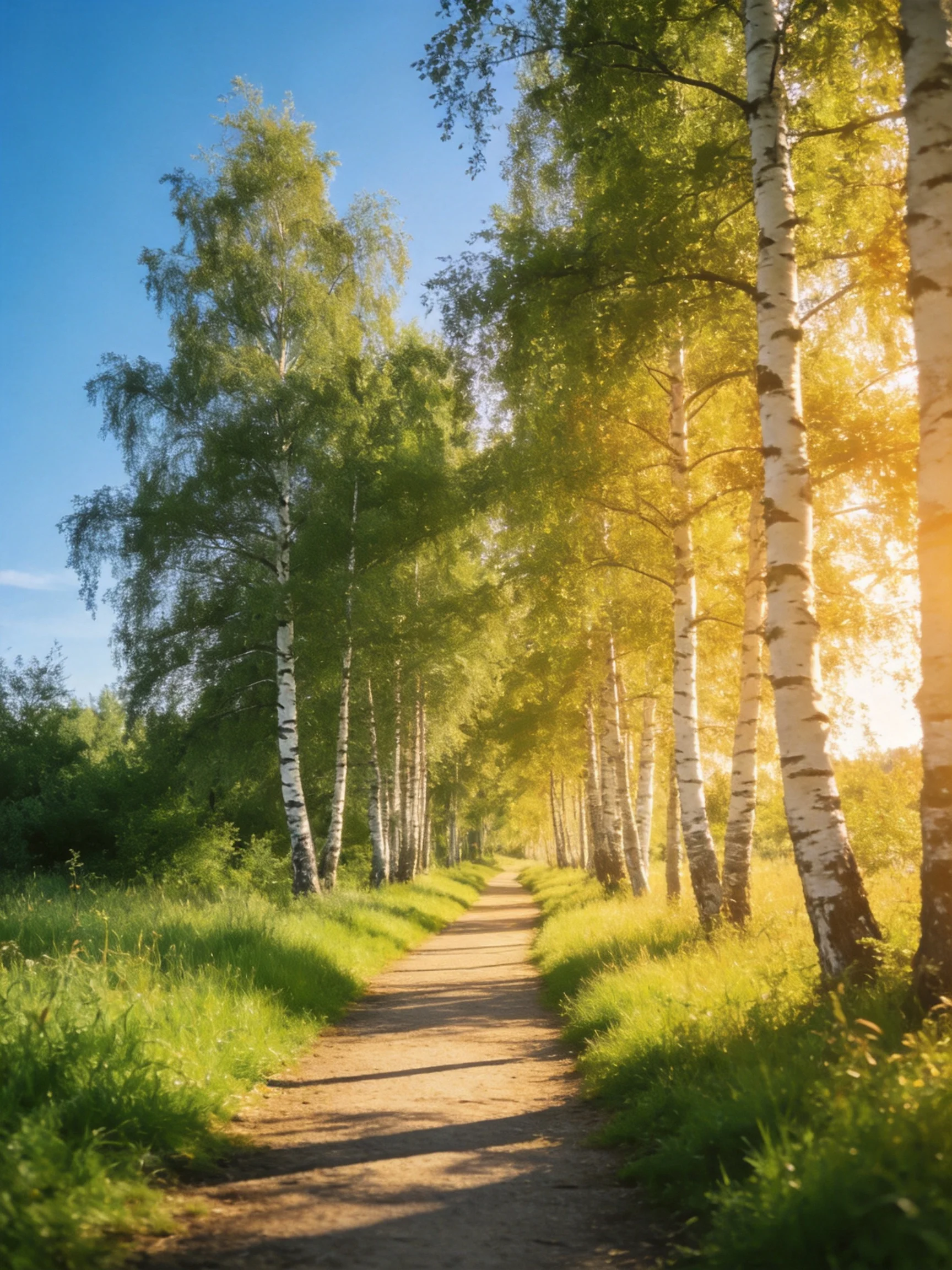 A sunlit dirt path flanked by tall white-barked birches