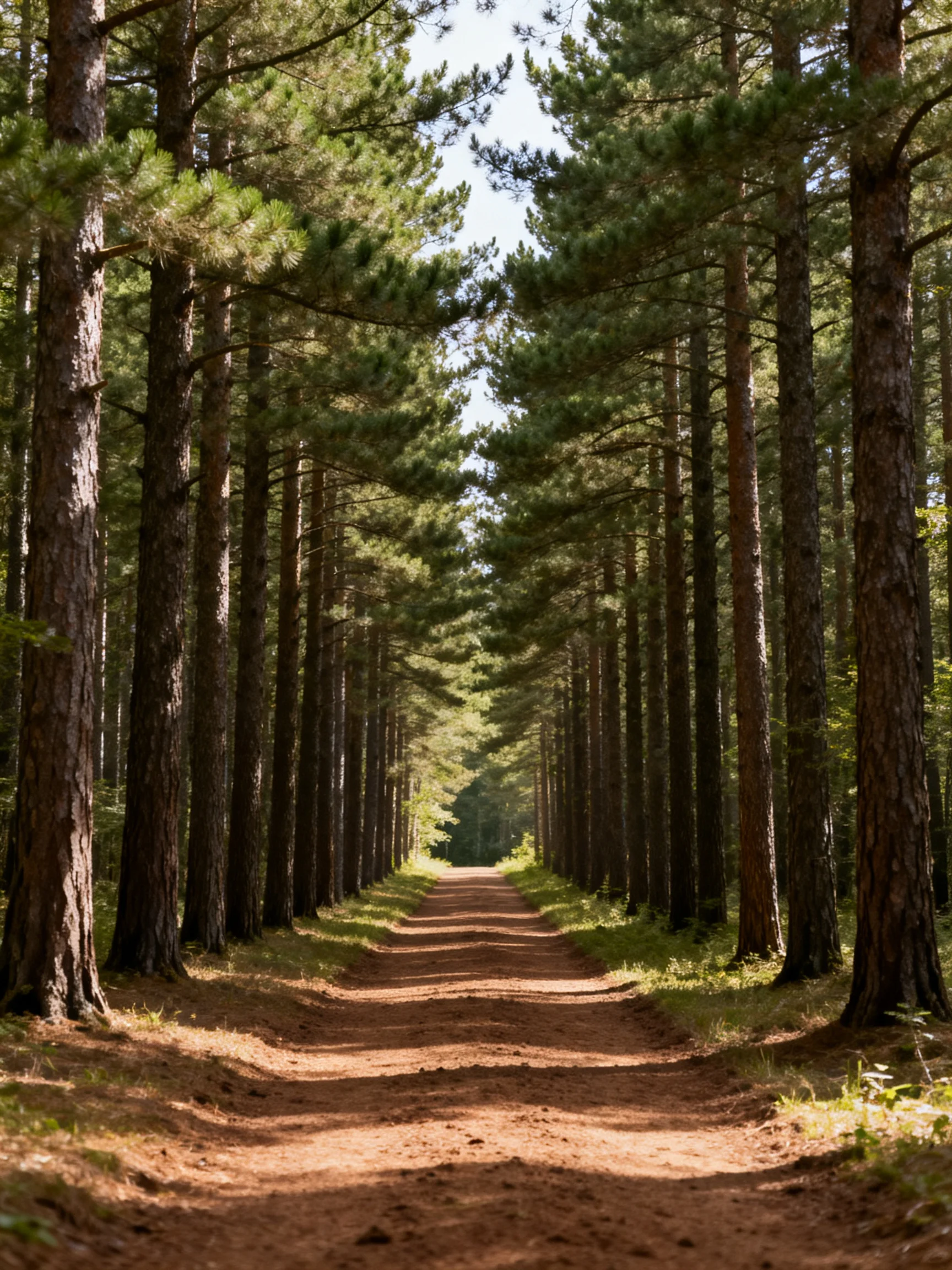 A sunlit dirt path runs between tall pine trees in a forest