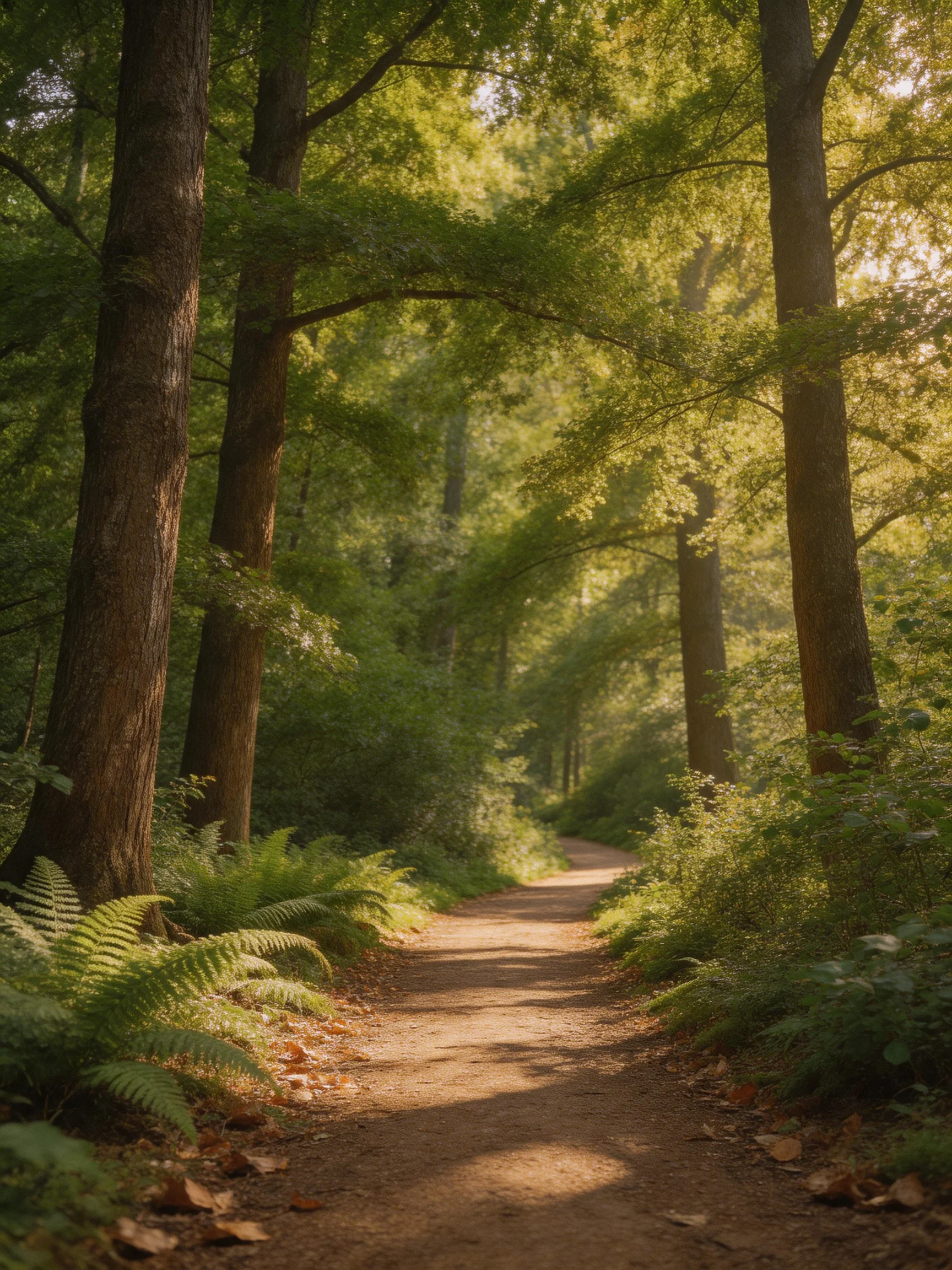 A sunlit forest path bordered by tall brown trees and dense green foliage
