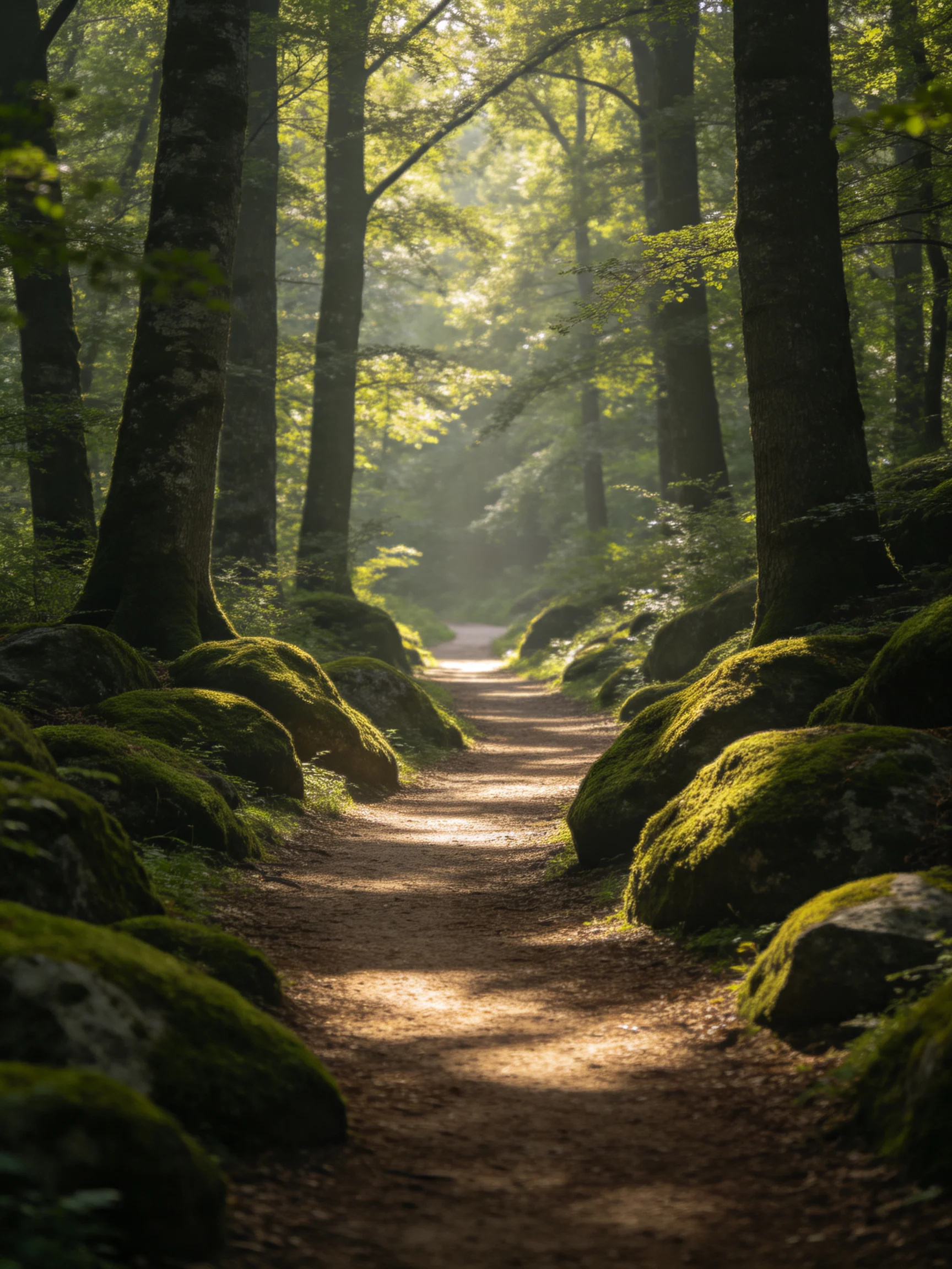 A sunlit forest path flanked by moss-laden boulders and towering trees