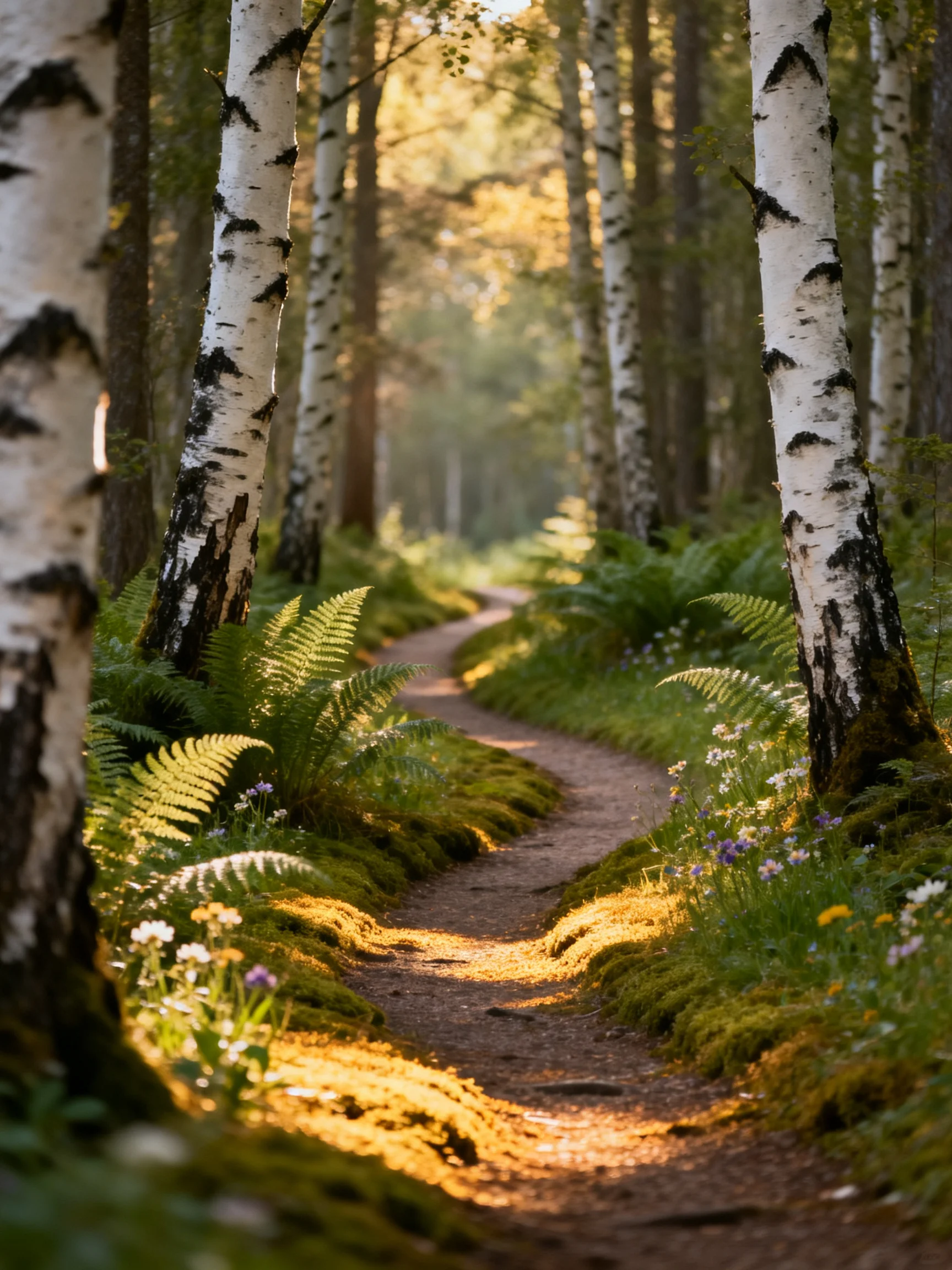 A sunlit forest path flanked by white-barked birches and ferns
