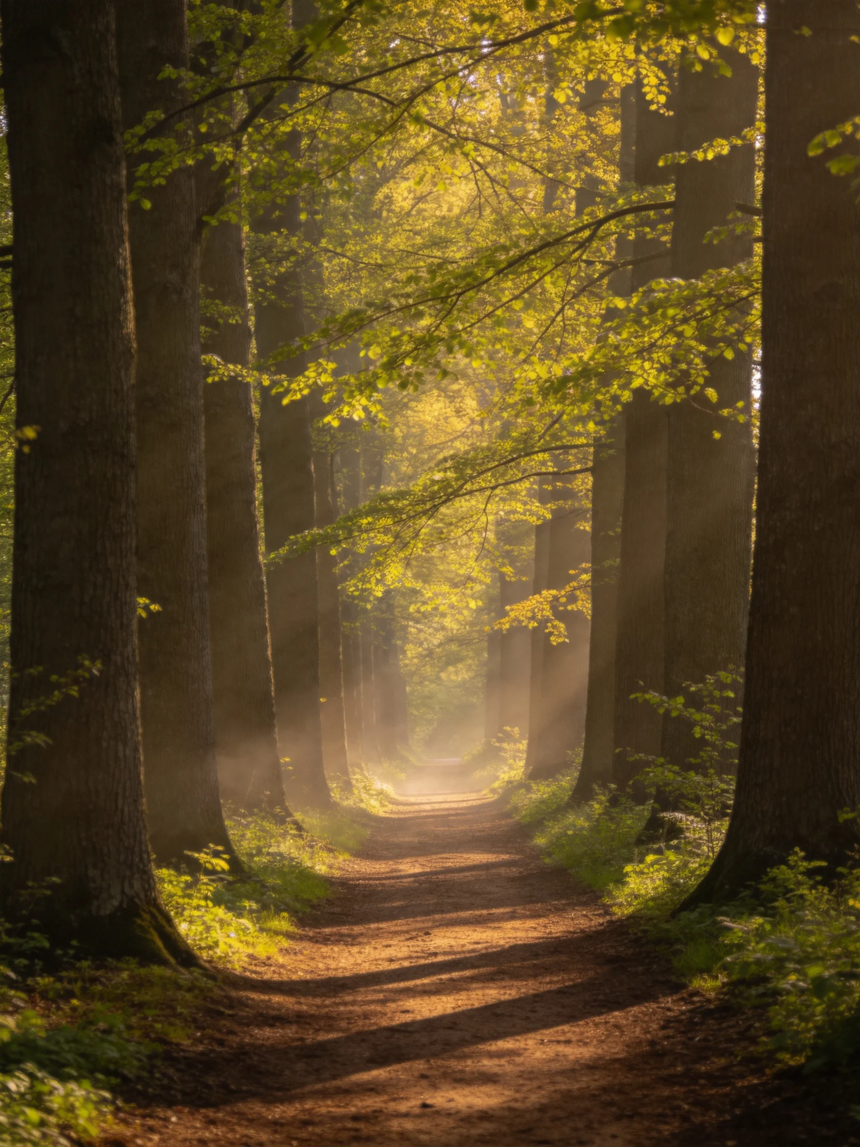 A sunlit forest path is bordered by tall trees, with golden light streaming through the