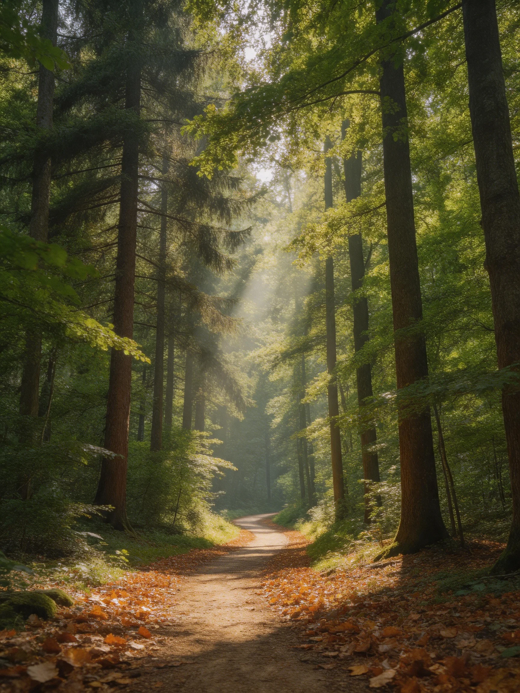 A sunlit forest path lined by tall green trees and golden-brown fallen leaves