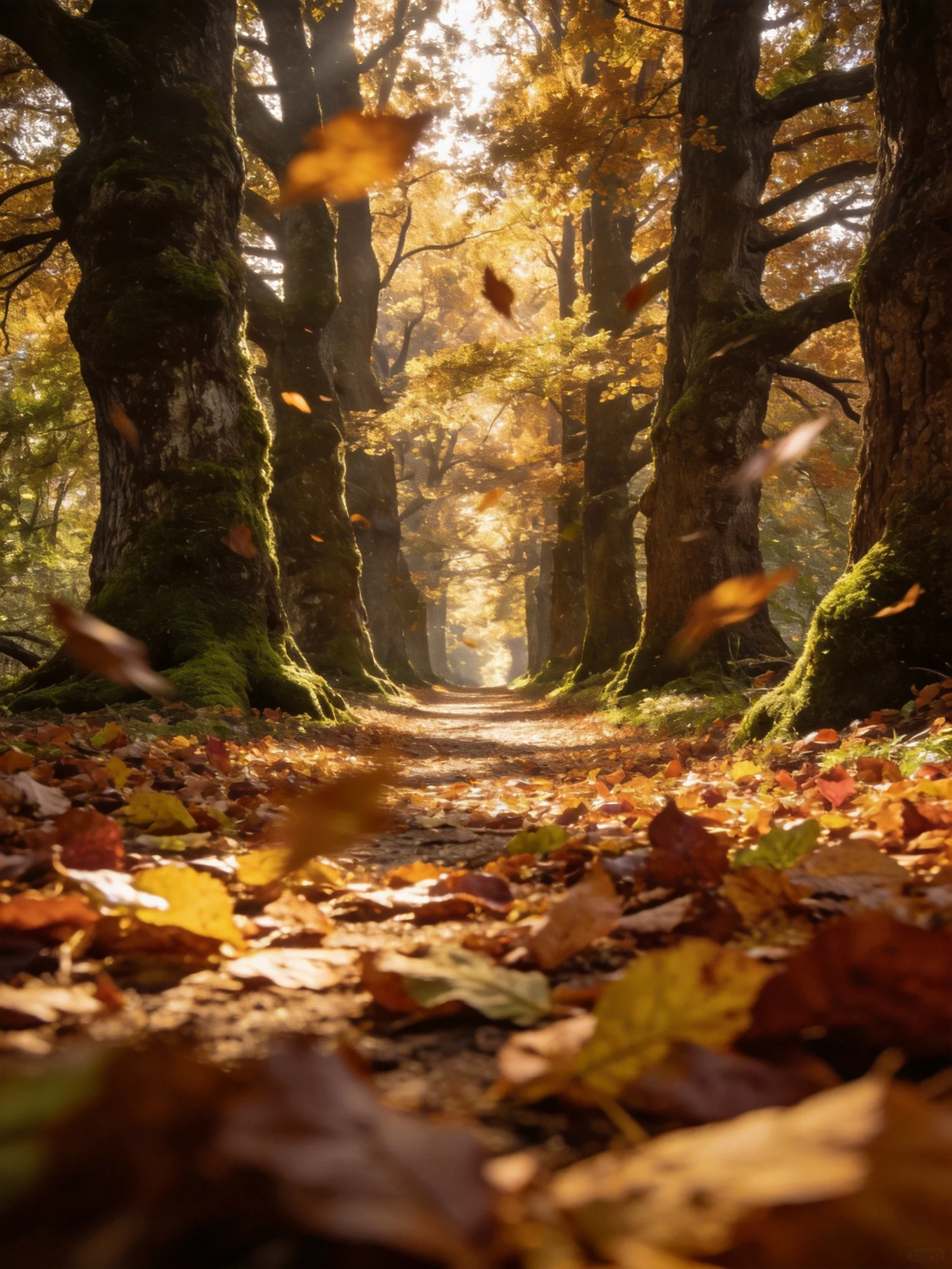 A sunlit forest path lined with ancient trees, blanketed in autumn leaves