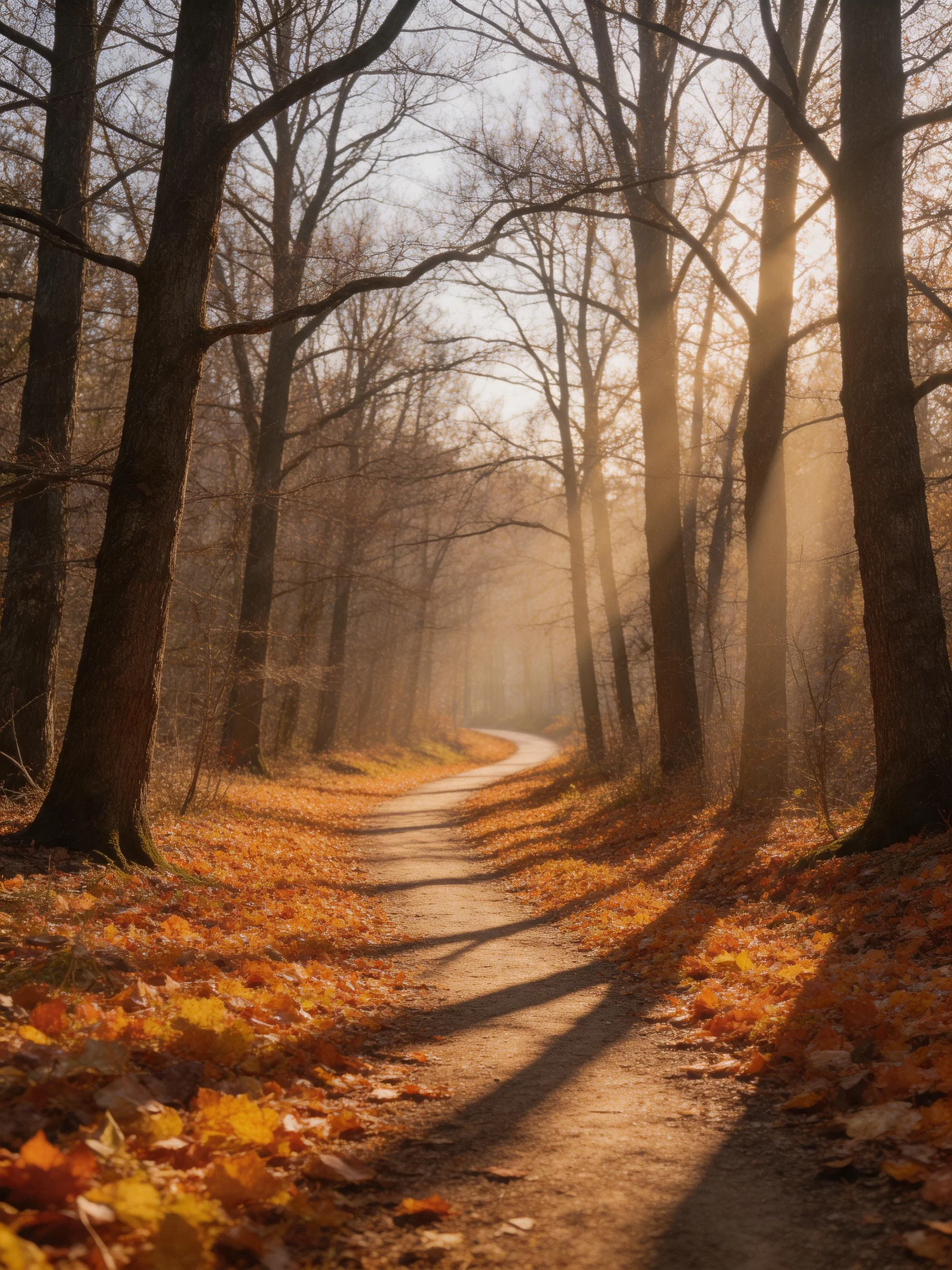 A sunlit forest path lined with golden autumn foliage