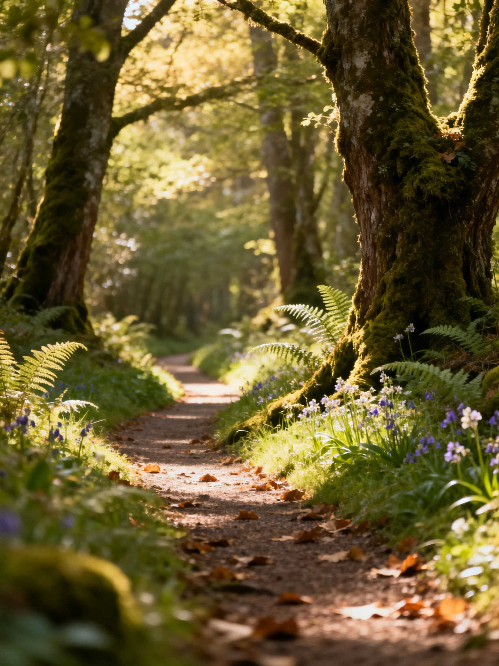 A sunlit forest path lined with mossy trees, ferns, and wildflowers