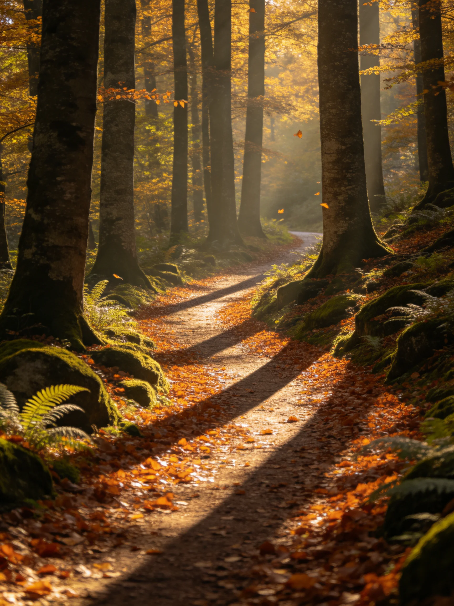 A sunlit forest path lined with tall trees and golden autumn leaves