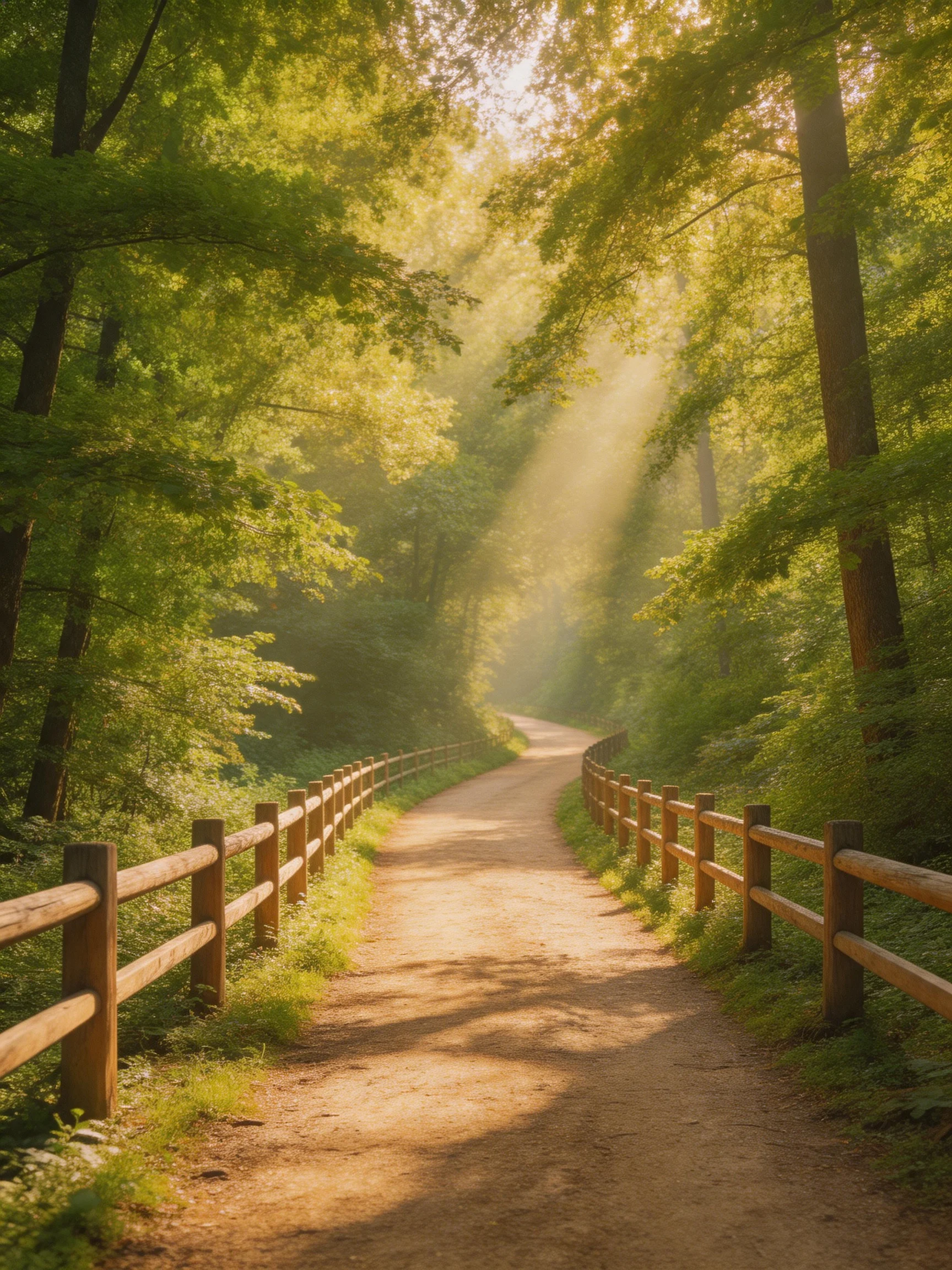 A sunlit forest path lined with wooden railings, amidst lush greenery