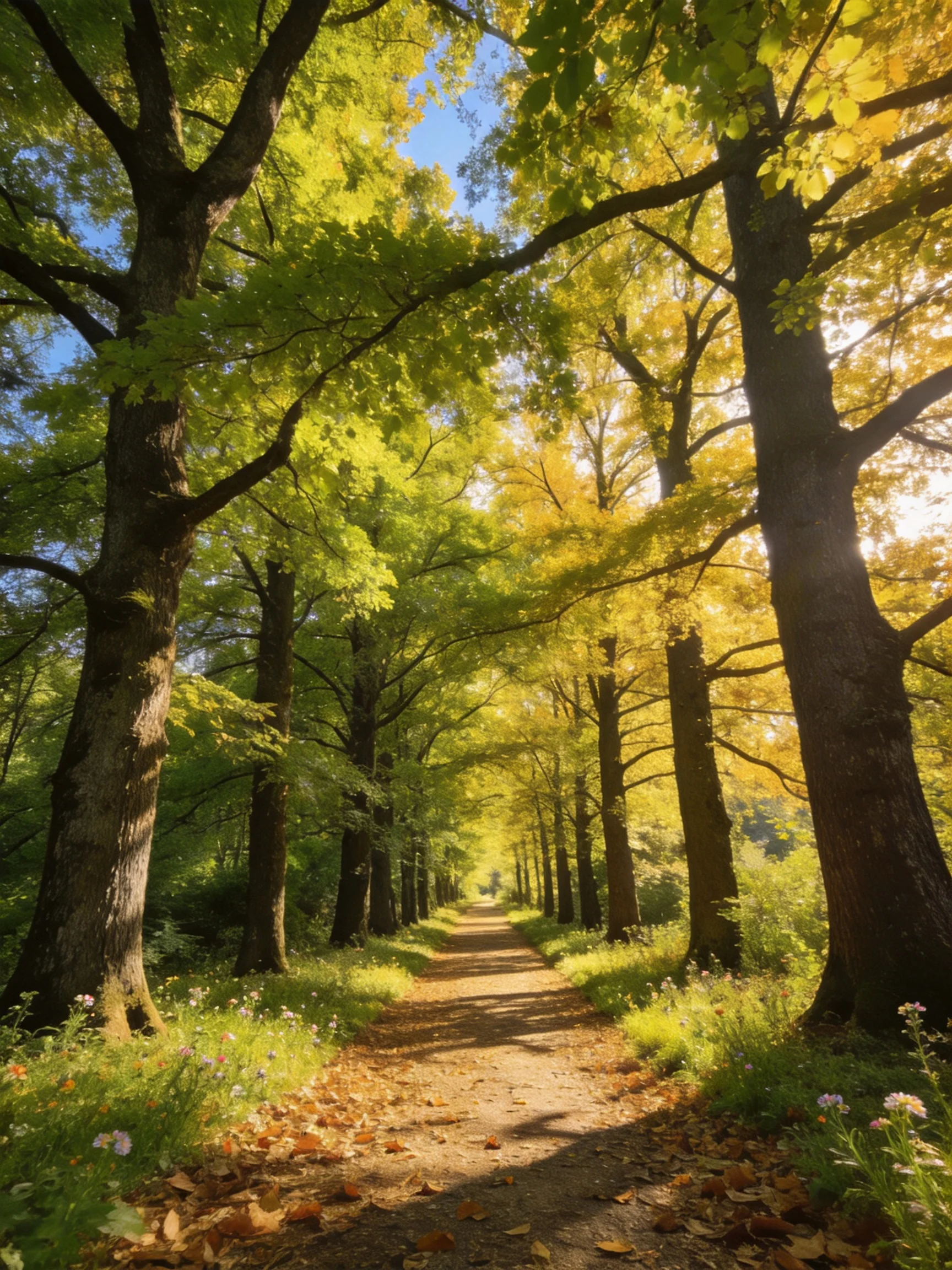 A sunlit forest path runs between rows of tall trees with green and golden foliage