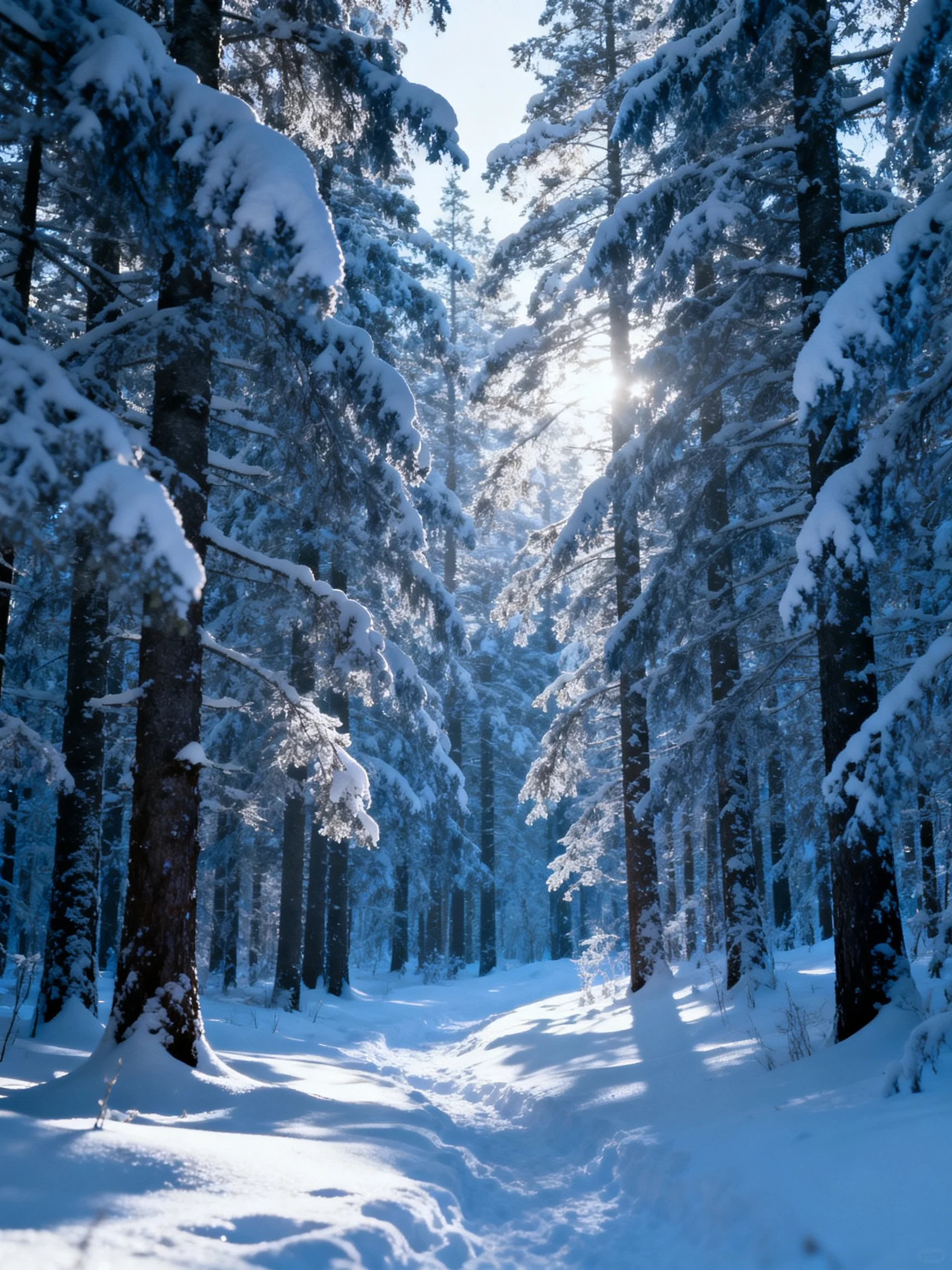 A sunlit forest path runs between tall evergreen trees blanketed in snow