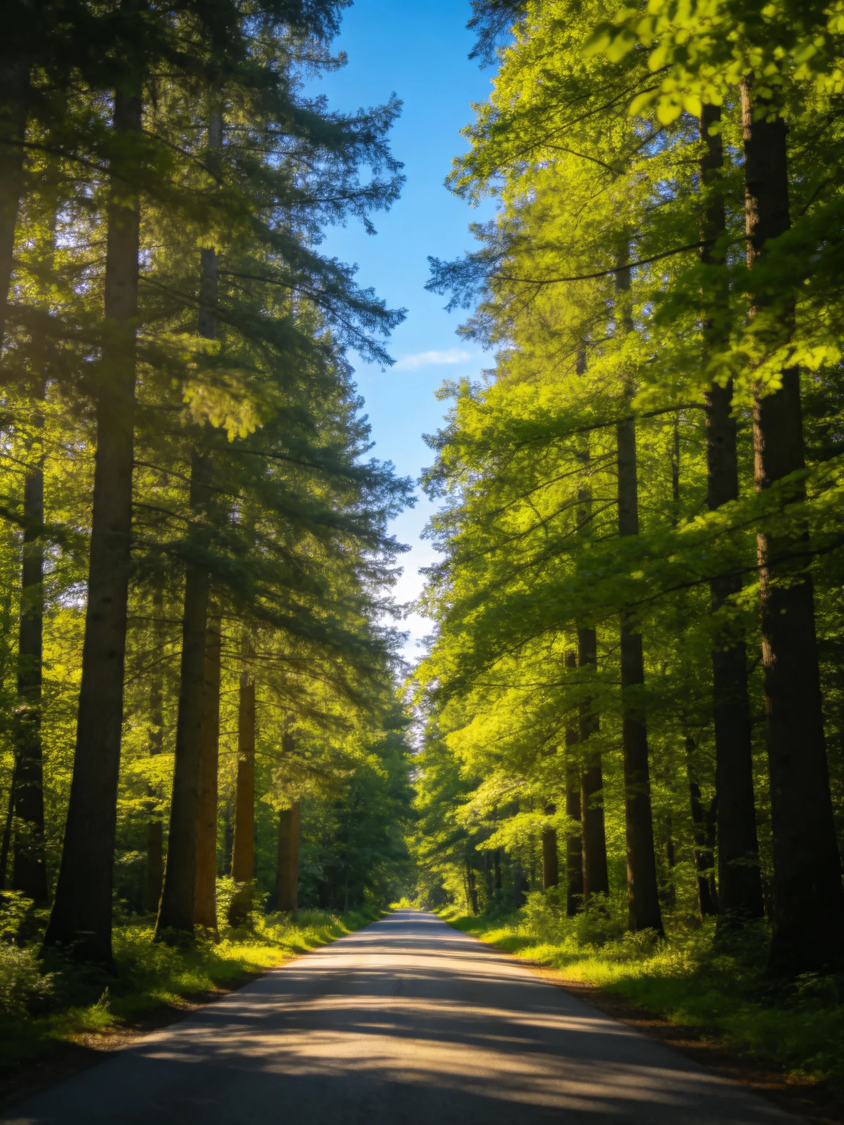 A sunlit forest path runs between tall trees with green foliage