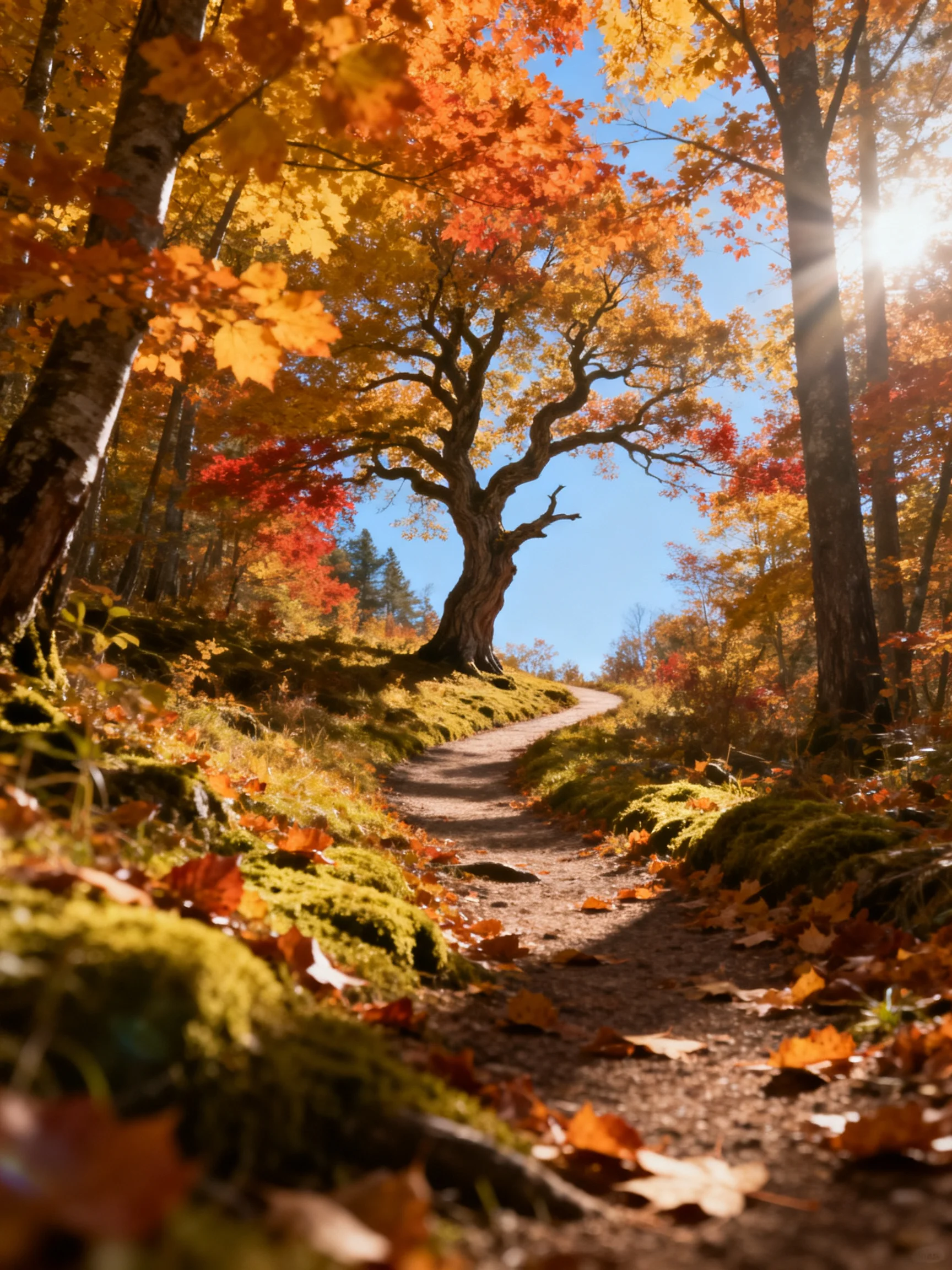 A sunlit forest path surrounded by colorful autumn trees