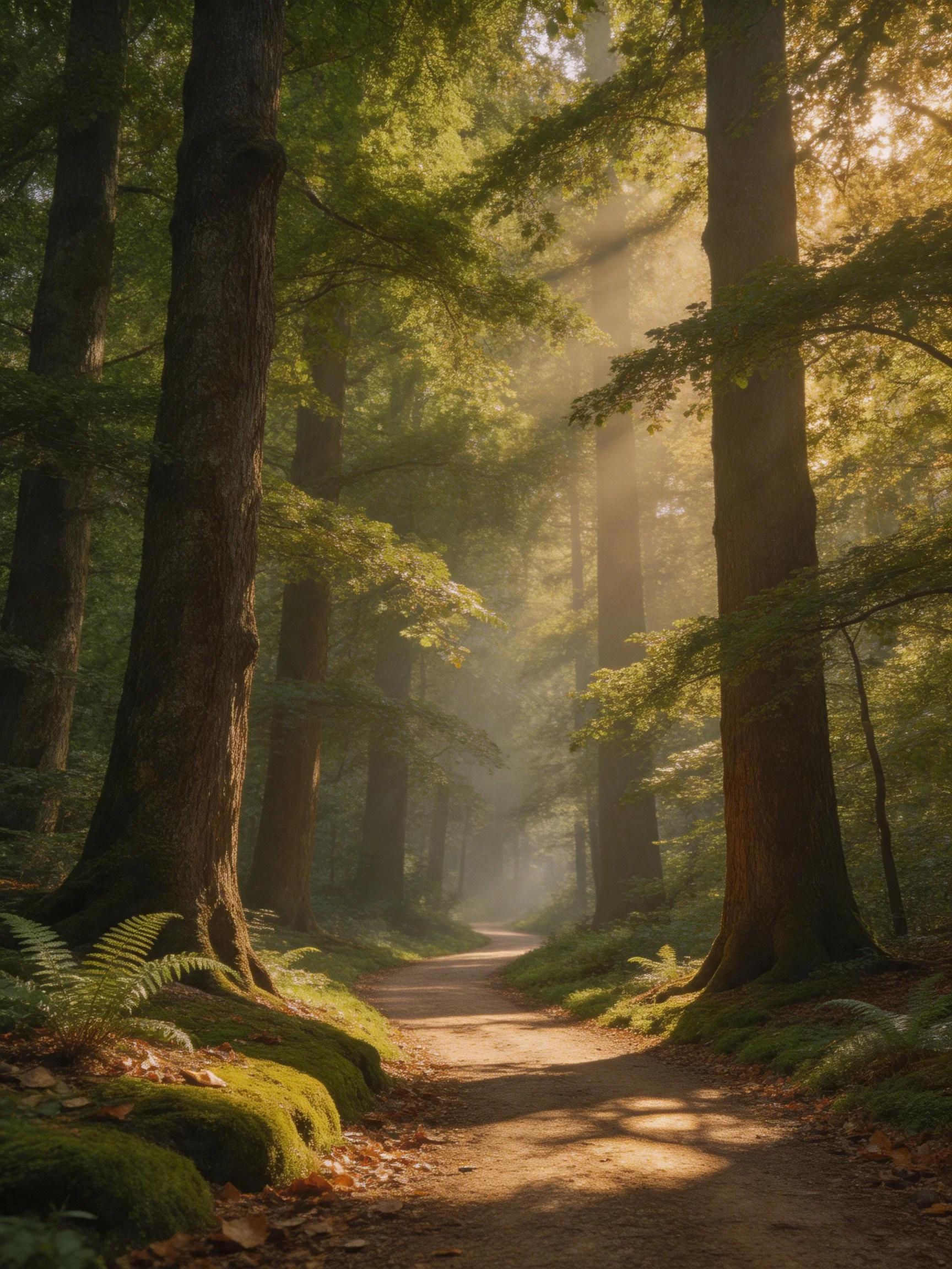 A sunlit forest path through tall trees with mossy ground and ferns