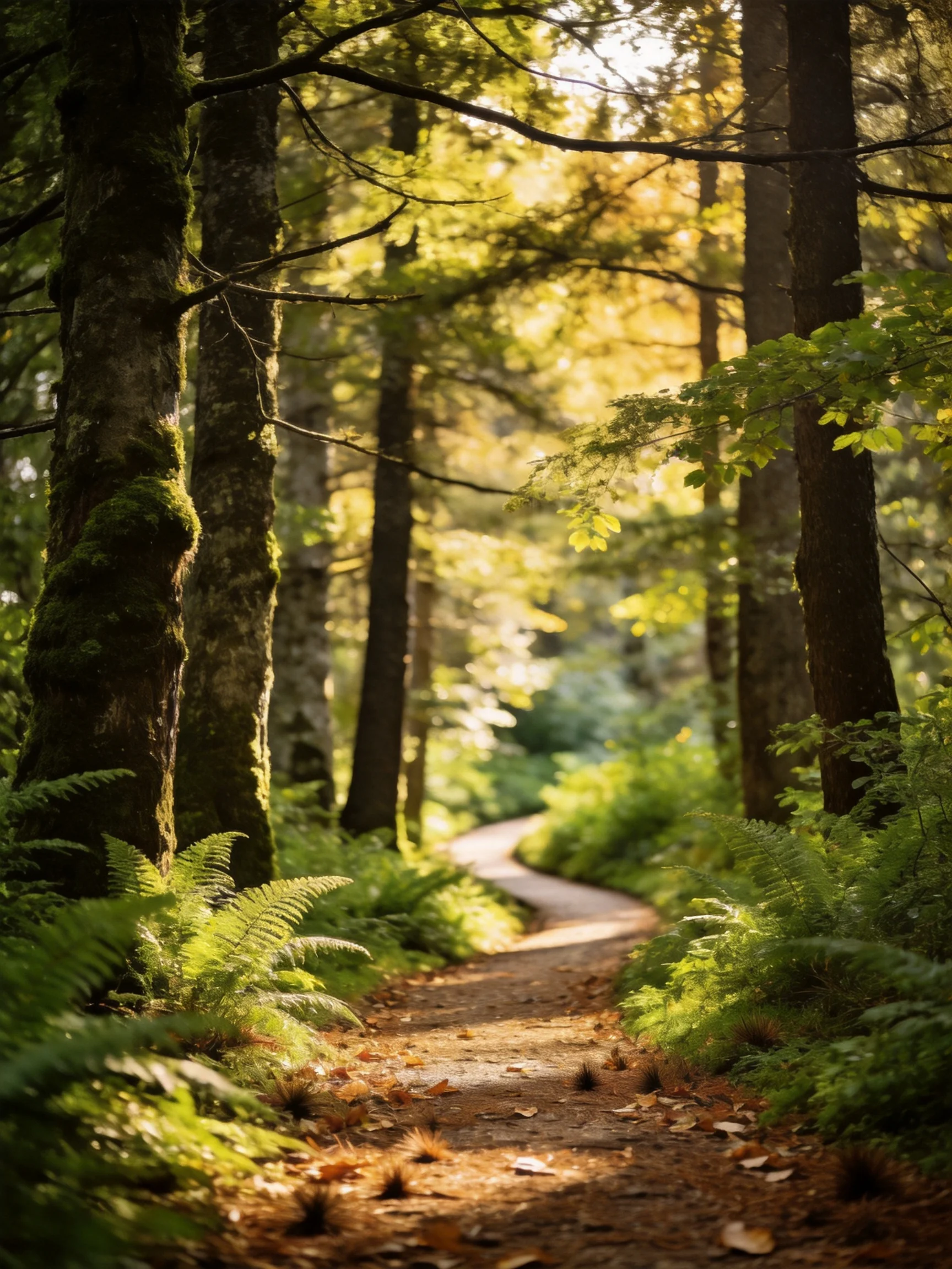 A sunlit forest path winding past tall mossy trees
