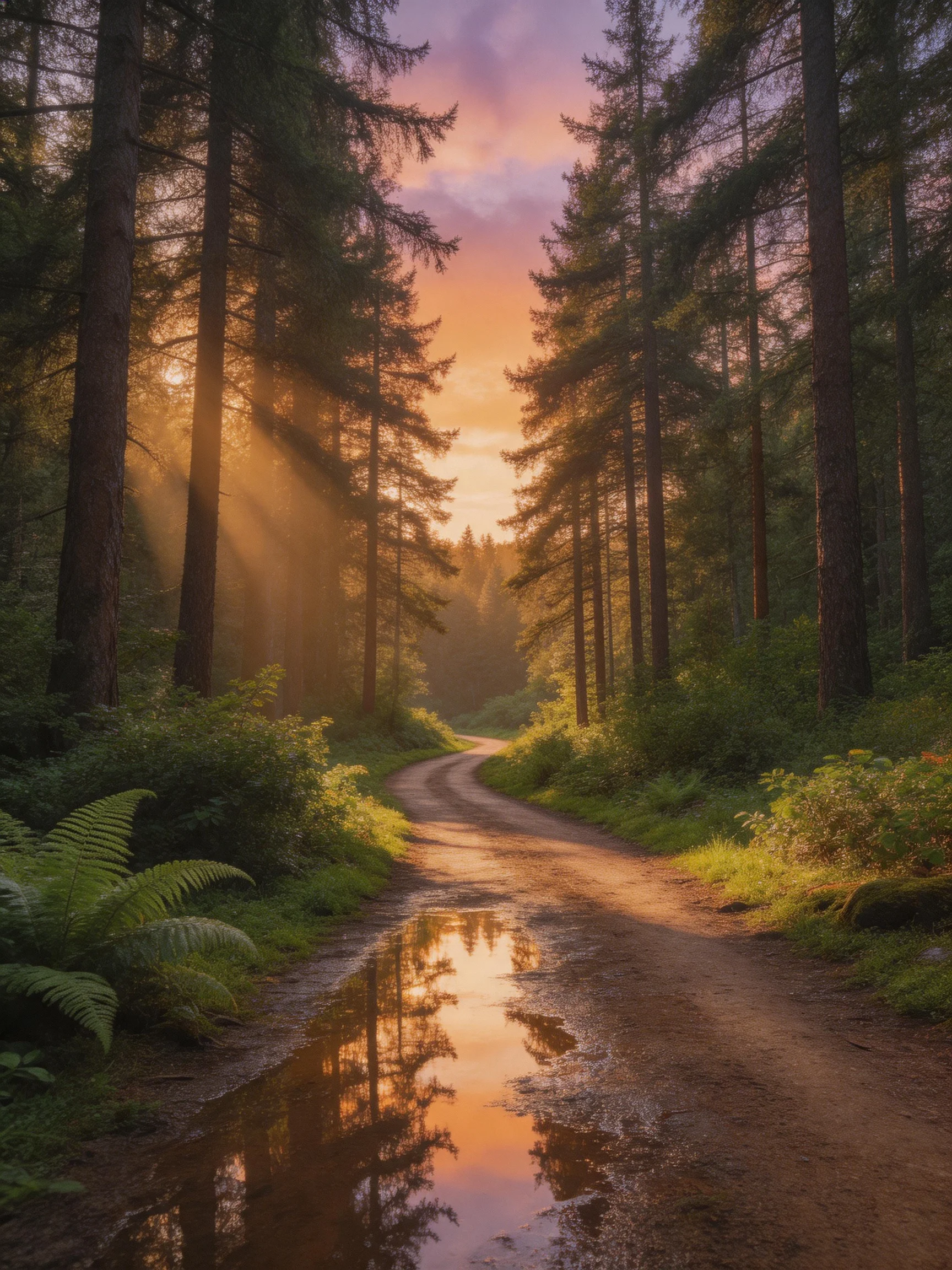 A sunlit forest path winding through tall evergreen trees with a reflective puddle