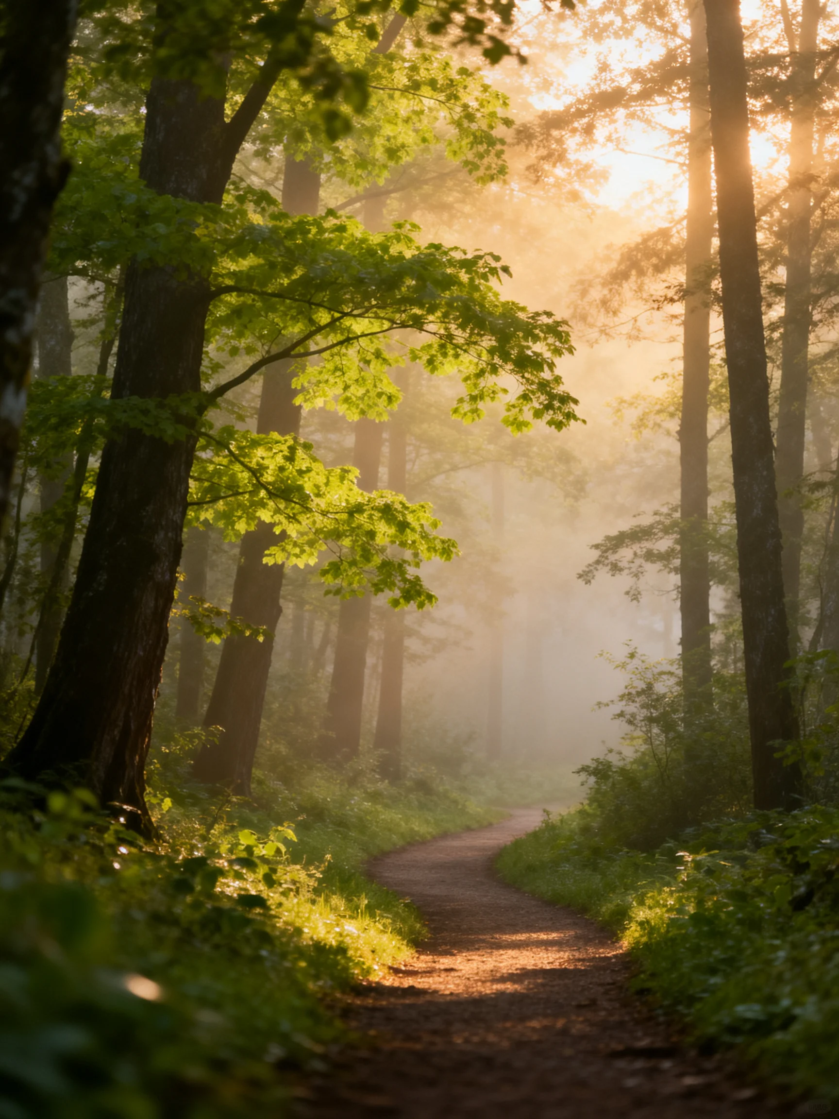 A sunlit forest path winding through tall green trees with morning mist