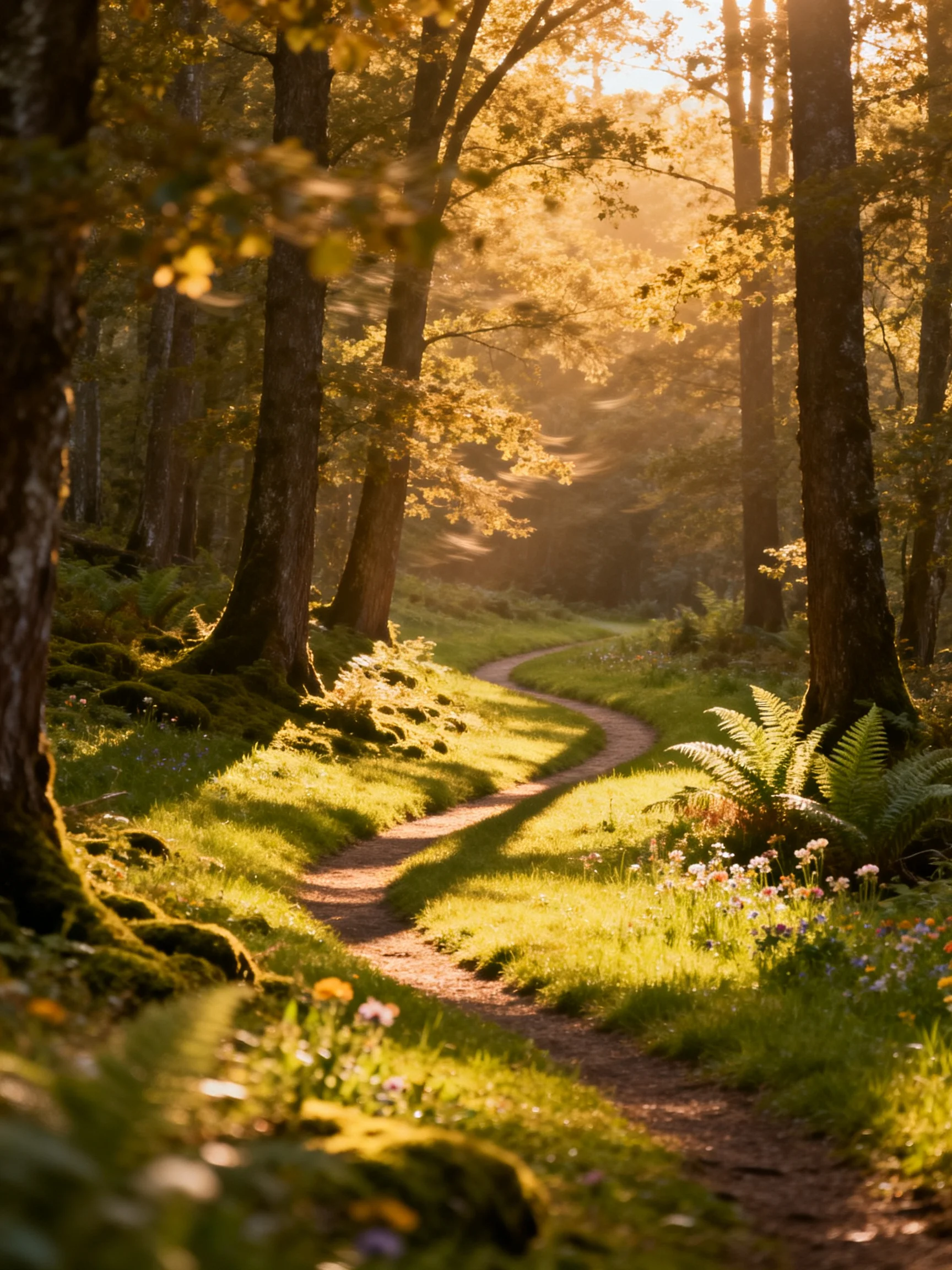 A sunlit forest path winding through tall trees amidst lush greenery