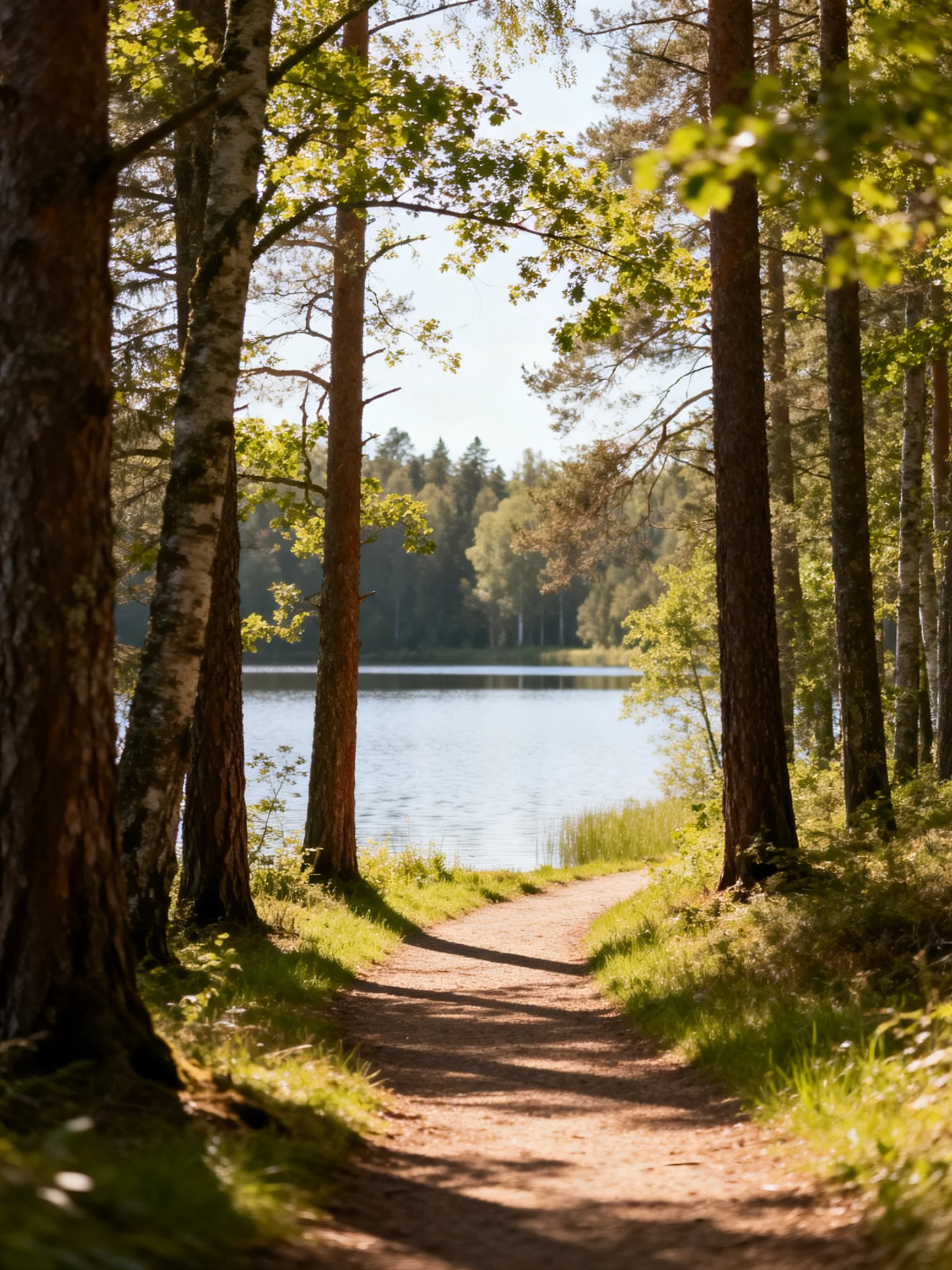 A sunlit forest path with brown-trunked trees near a calm blue lake