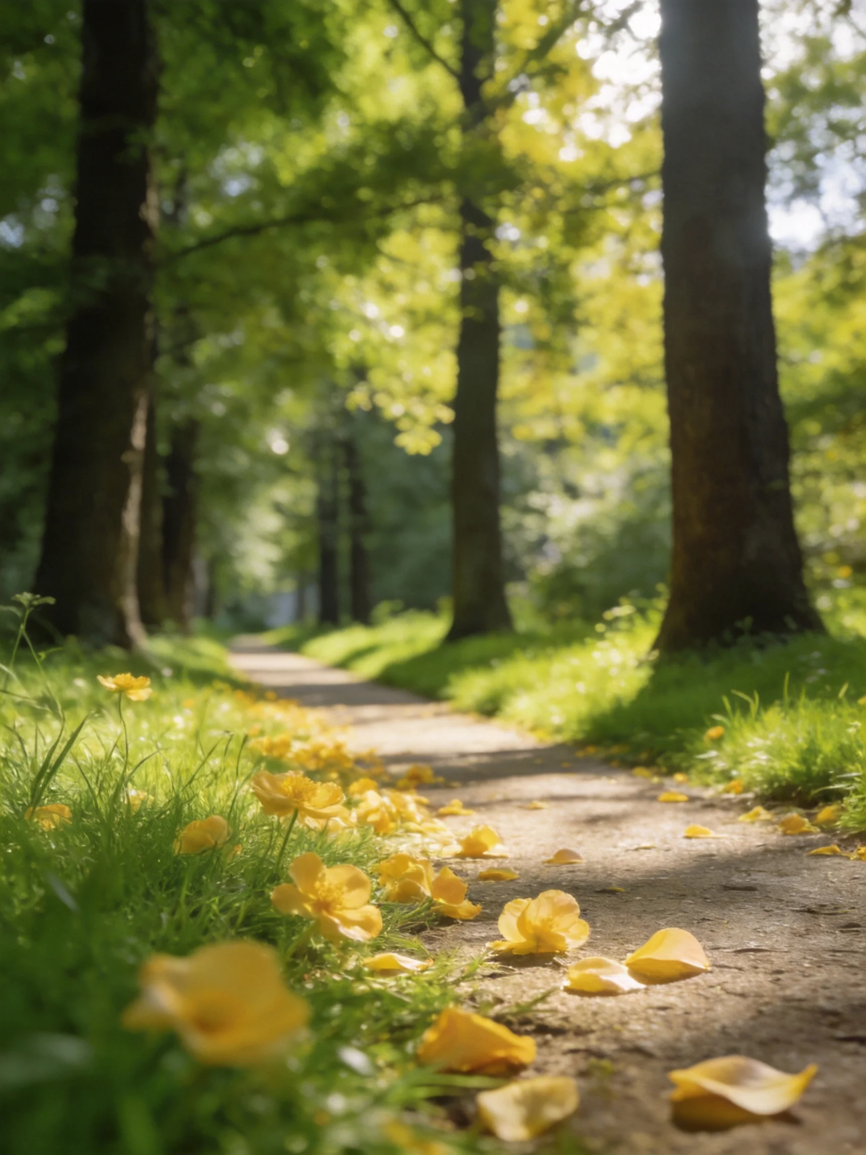 A sunlit forest path with golden petals and tall trees