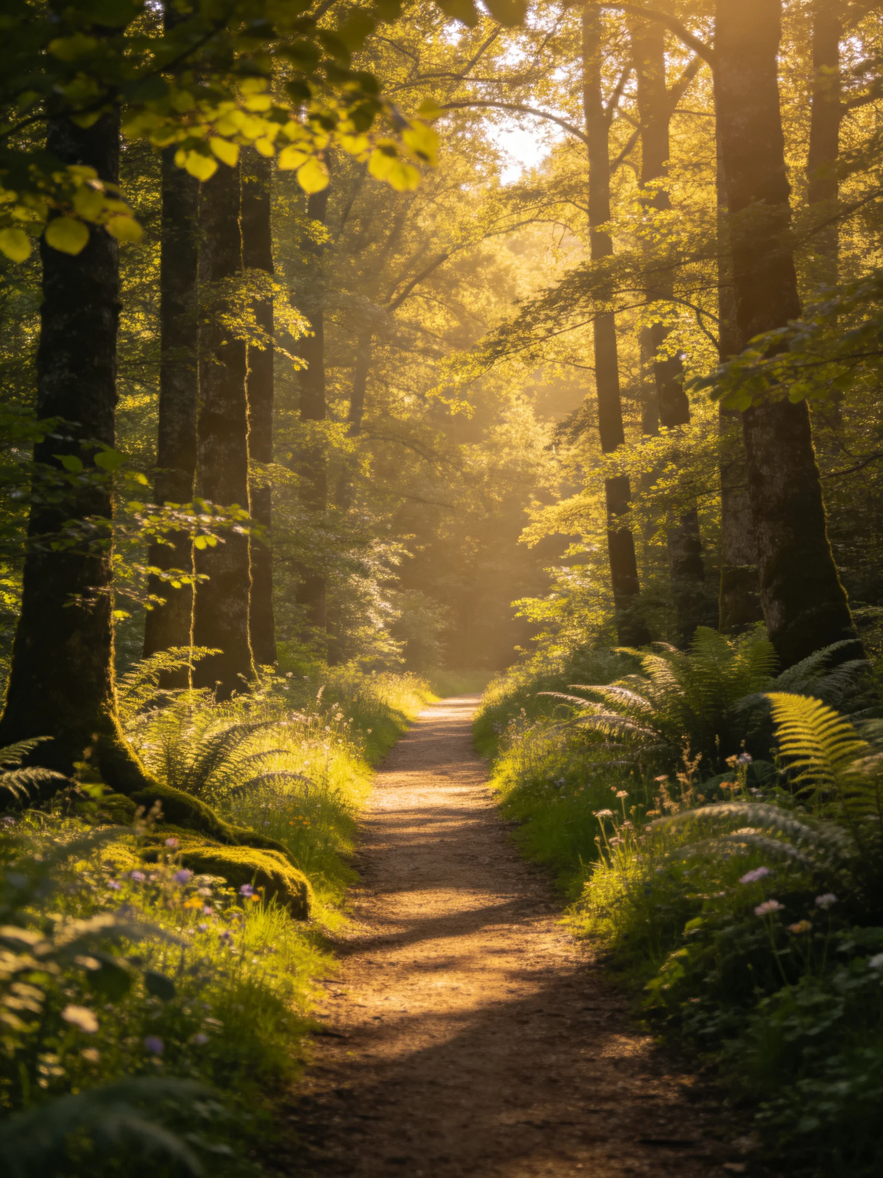 A sunlit forest path with lush greenery and towering trees
