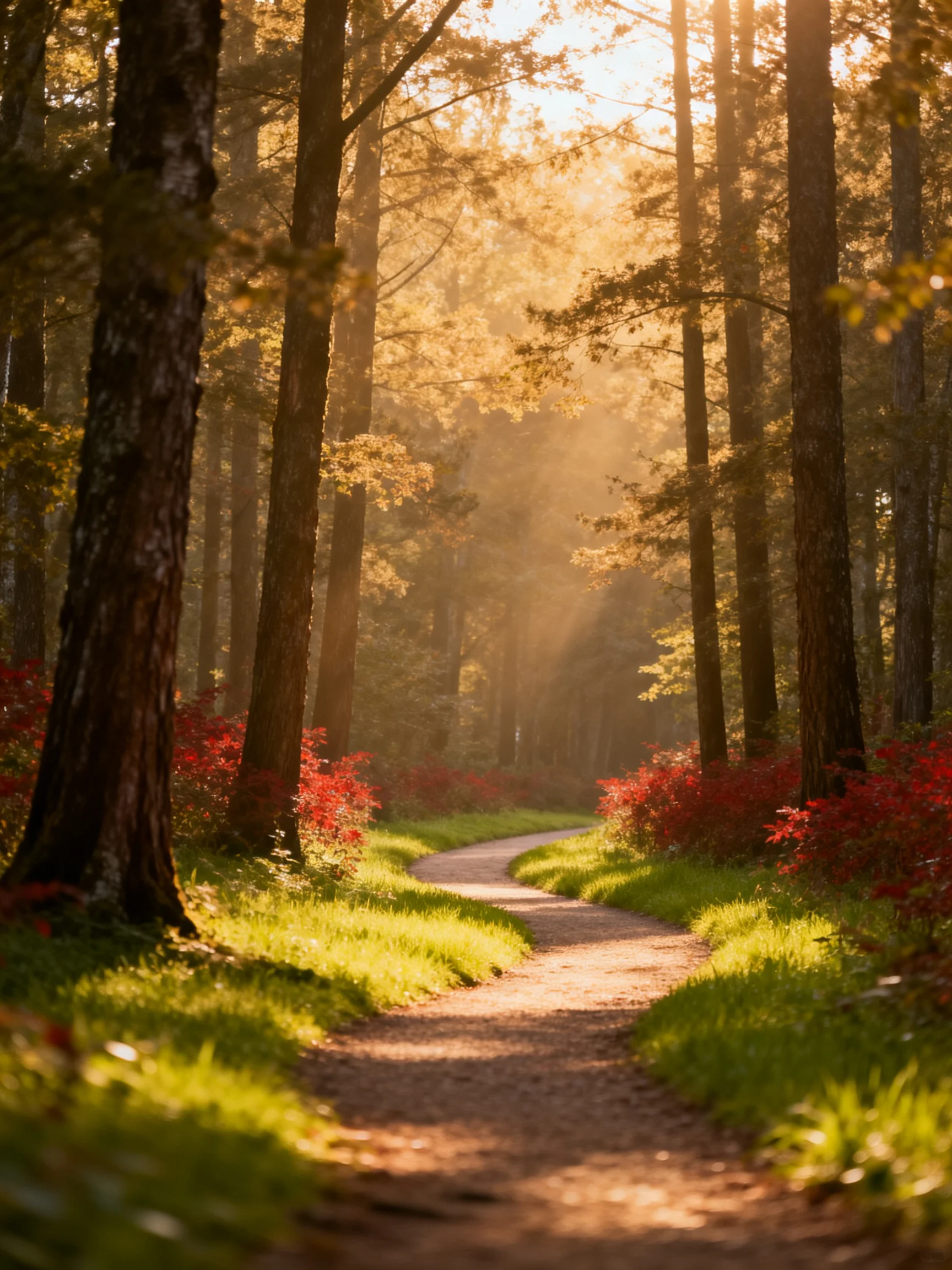 A sunlit forest path with tall trees and vibrant foliage